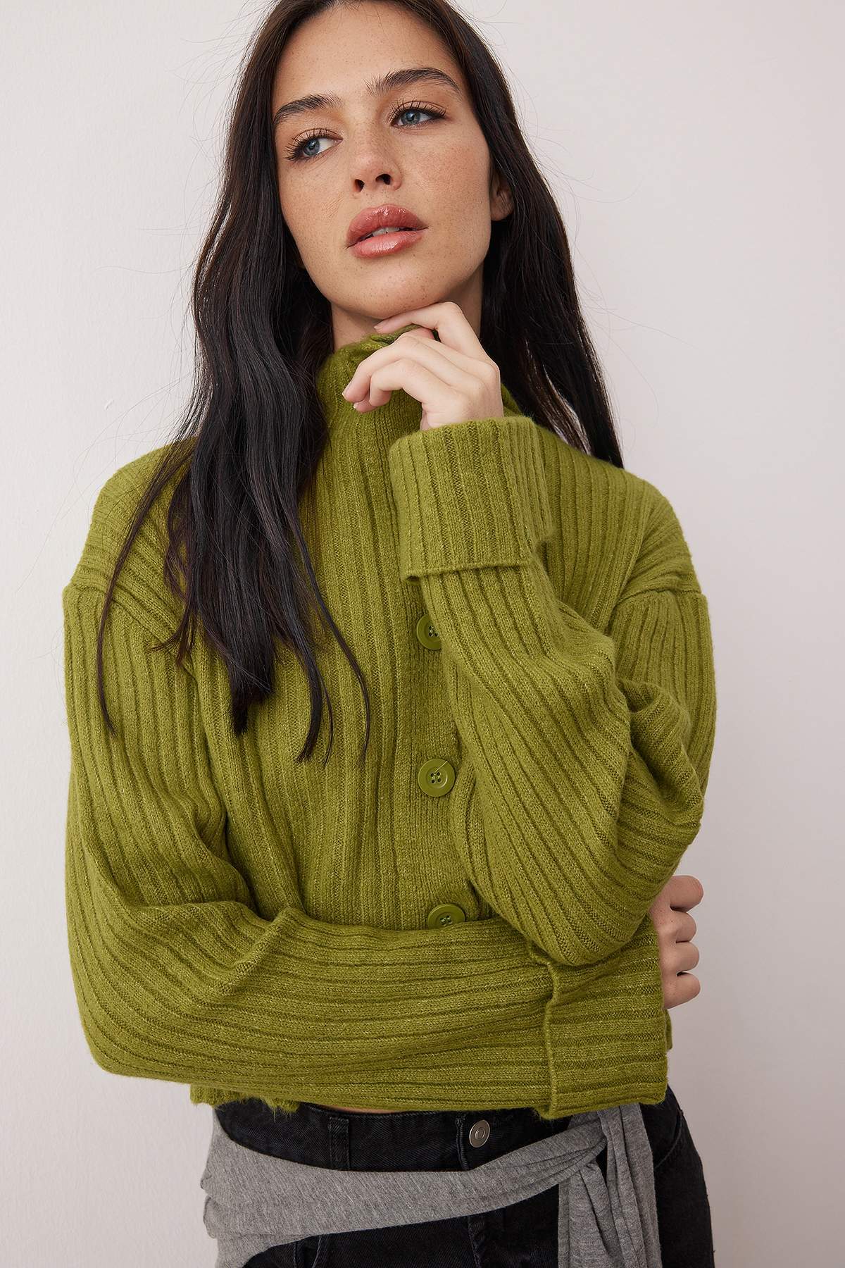 Yağ Yeşili Crop Yumuşak Dokulu Dik Yaka Triko Hırka TWOAW22HI0174 Secondary image