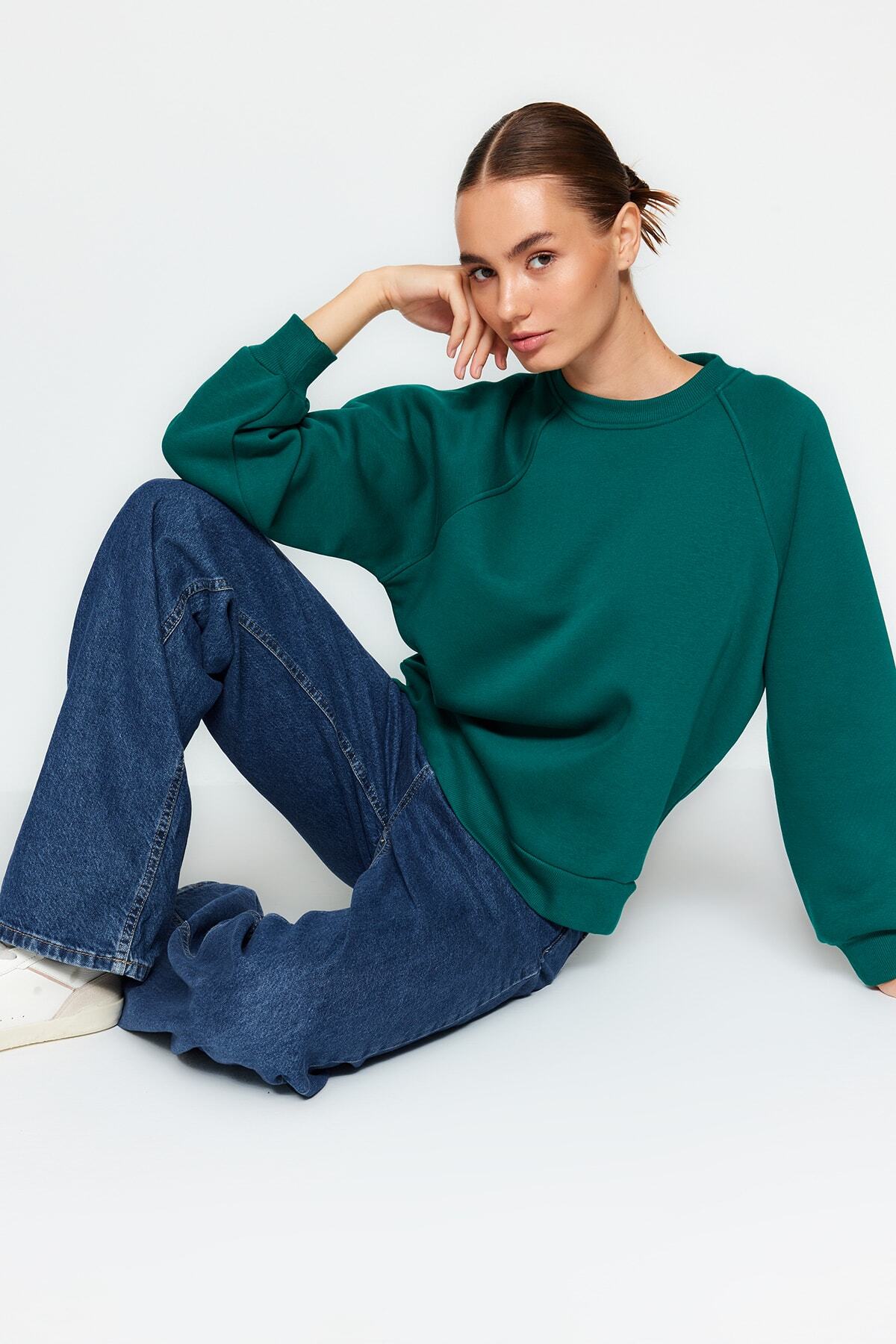 Zümrüt Yeşili Relaxed/Rahat Kalıp Basic Reglan Kol Bisiklet Yaka Örme Sweatshirt TWOAW24SW00104 Main image