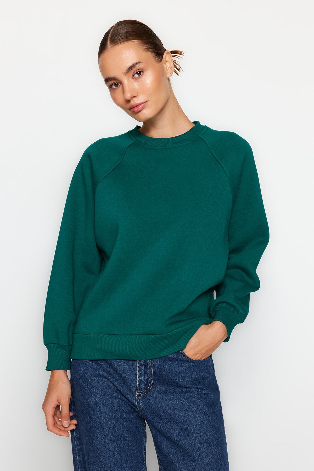 Zümrüt Yeşili Relaxed/Rahat Kalıp Basic Reglan Kol Bisiklet Yaka Örme Sweatshirt TWOAW24SW00104