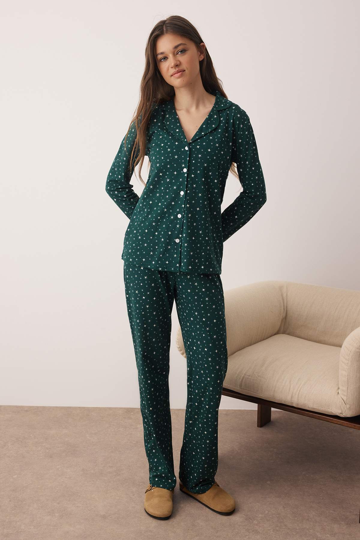 Zümrüt Yeşili %100 Pamuklu Galaksi Desenli Örme Pijama Takımı THMAW25PT00097 Main image