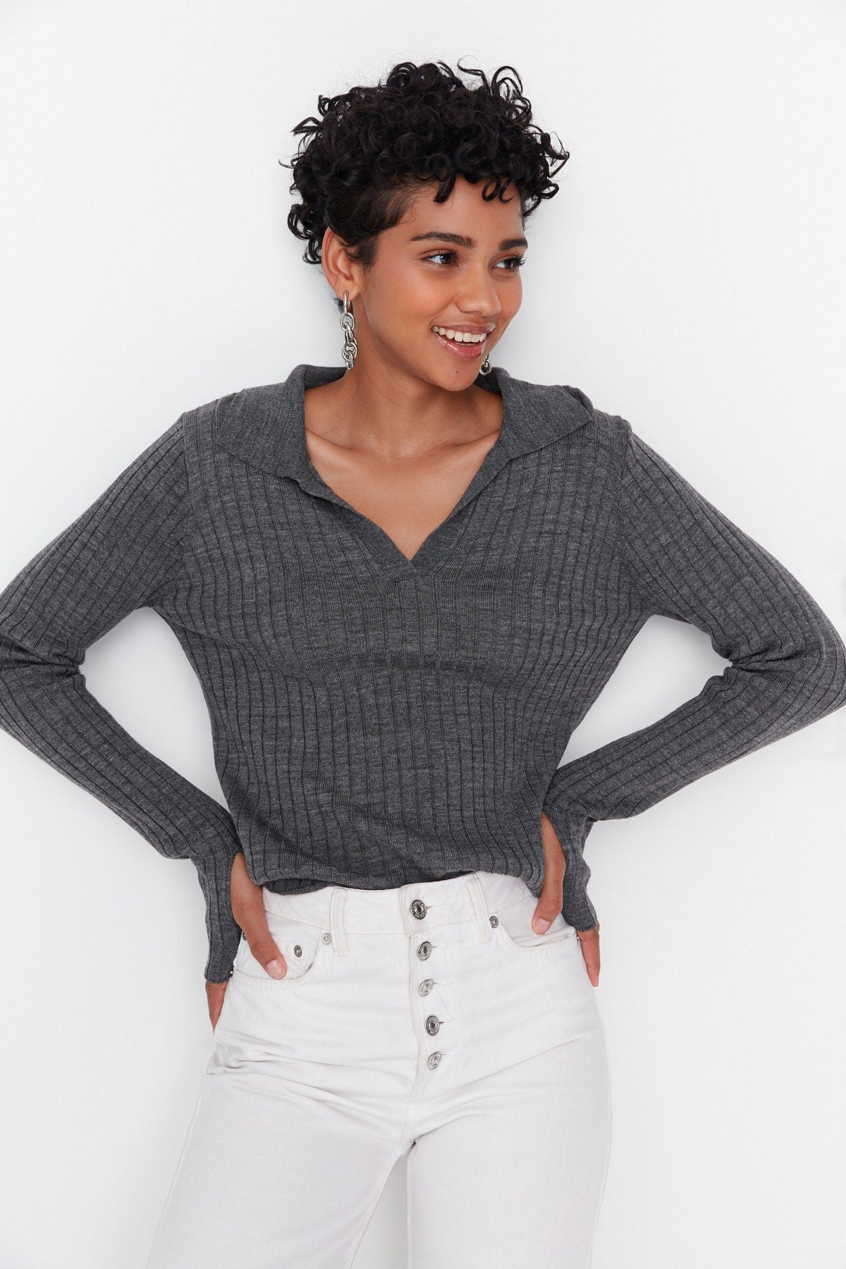 Antrasit Couple Kol Ucu Detaylı Polo Yaka Triko Kazak TWOAW21KZ1113 Secondary image