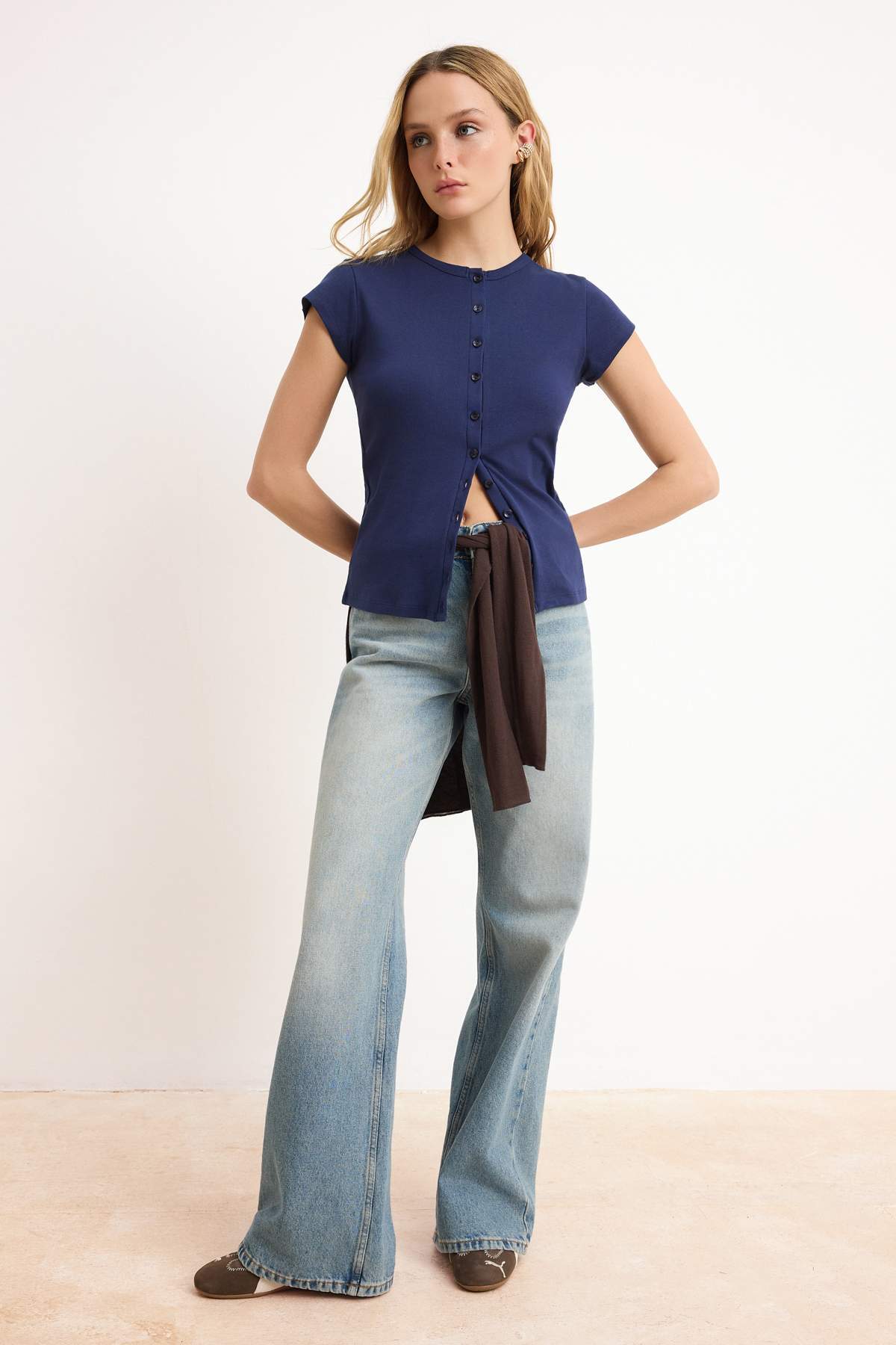 Navy Buttoned Fitted Knit Blouse