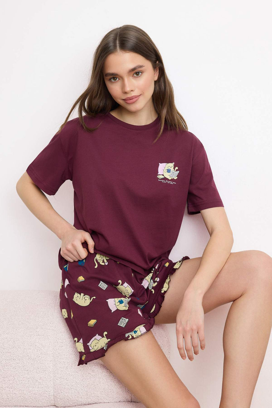 Plum 100% Cotton Cat Print Ruffled Knit Pyjama Set