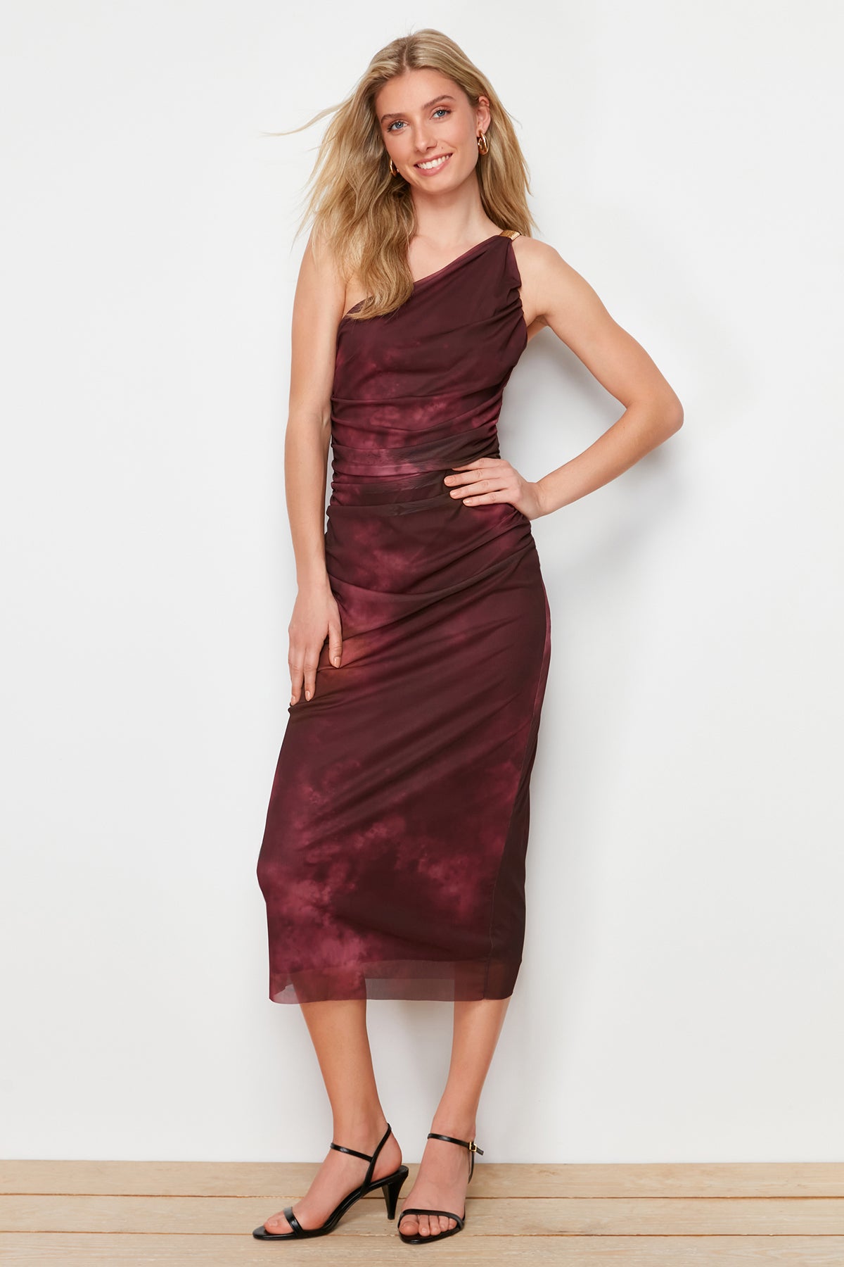 Burgundy One Shoulder Fitted Accessory Detailed Tulle Stretch Knit Midi Pencil Dress