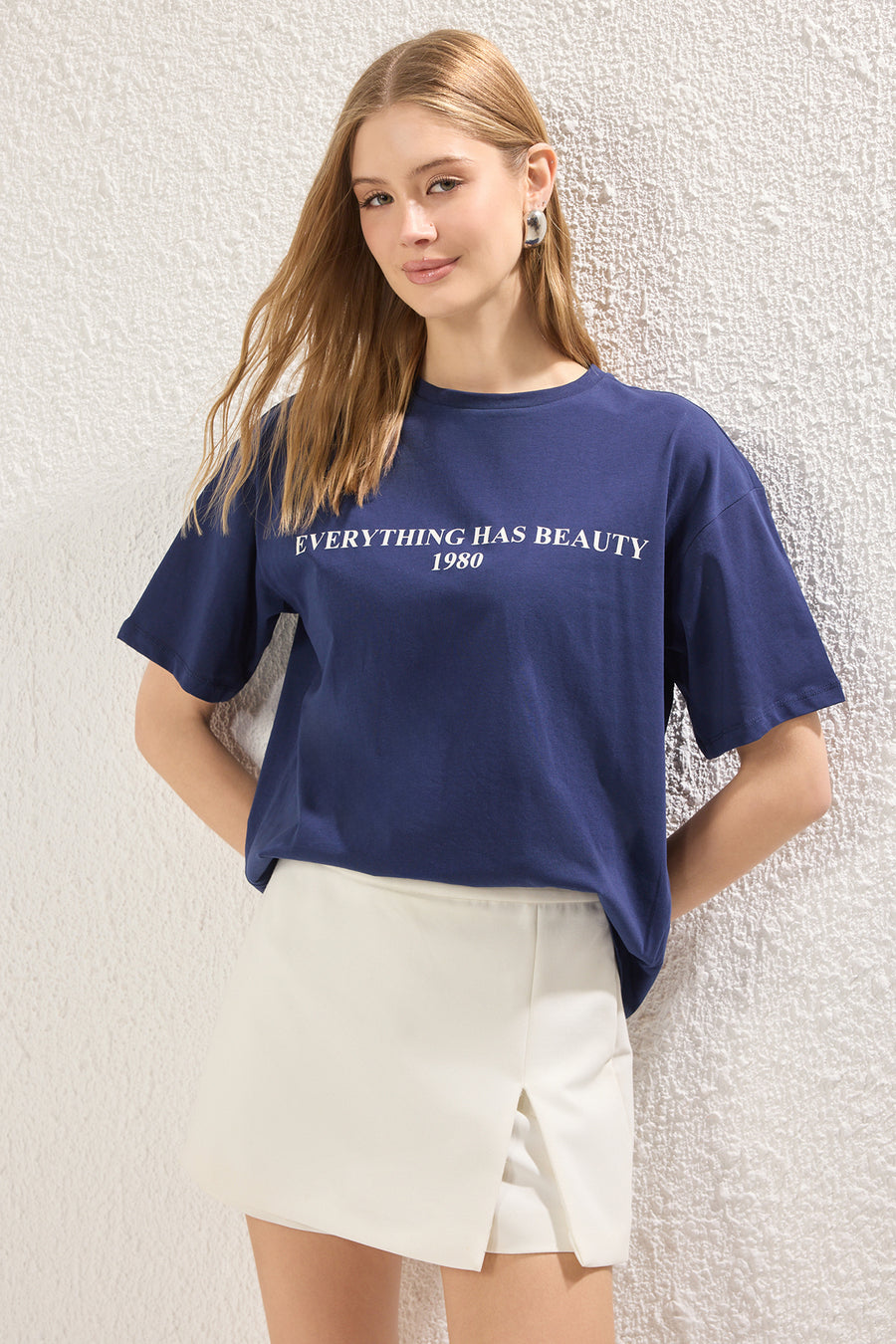 Navy 100% cotton slogan print relaxed fit knit t-shirt