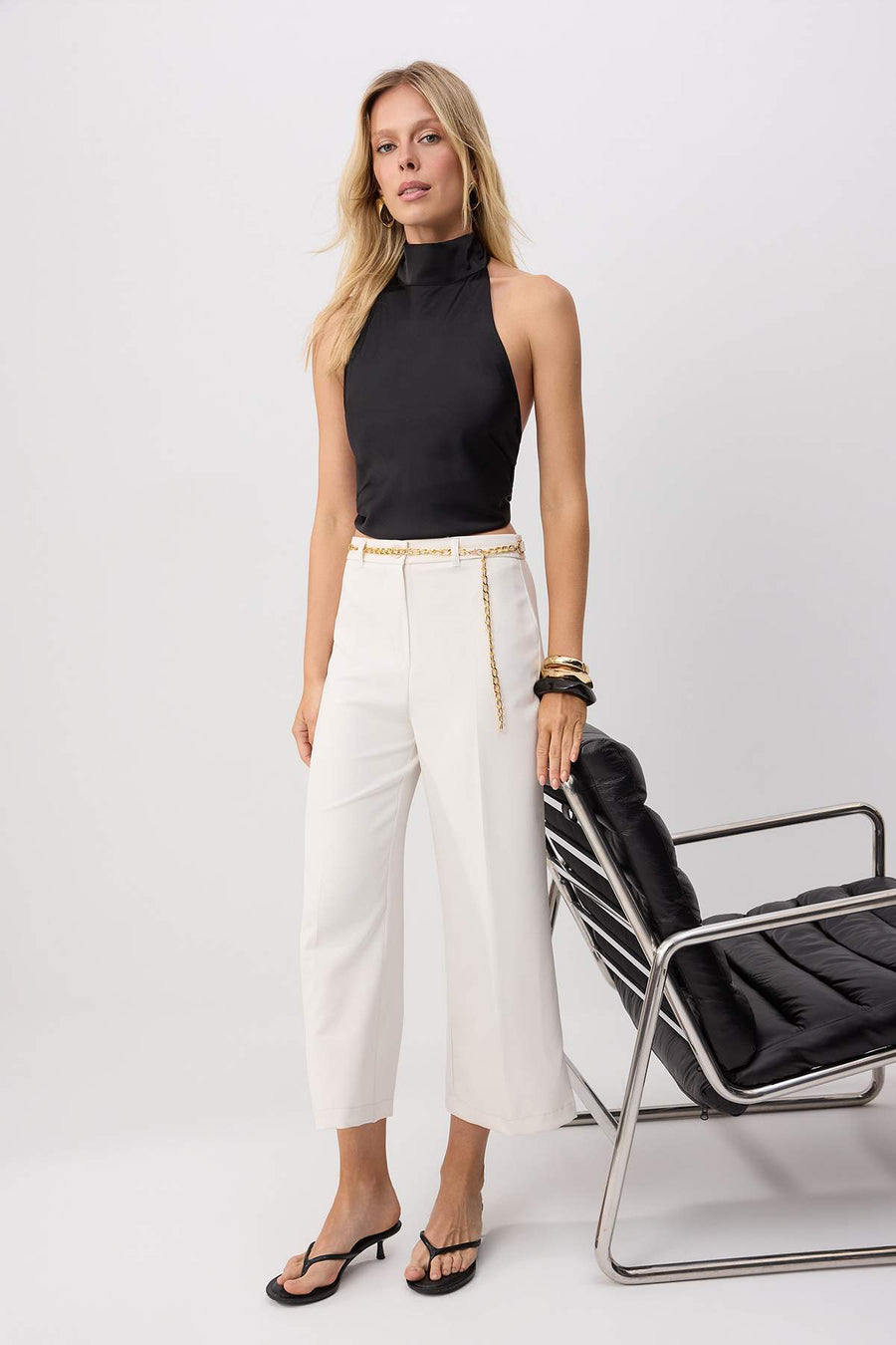 White culotte fit belted trousers