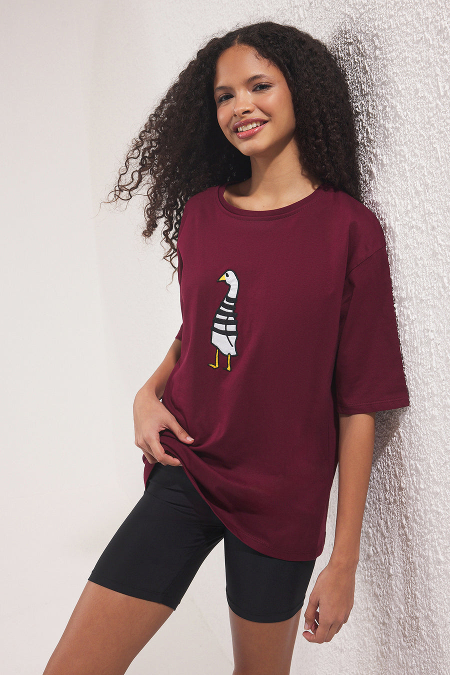 Burgundy 100% Cotton Duck Embroidered Relaxed Fit Crew Neck Knit T-Shirt