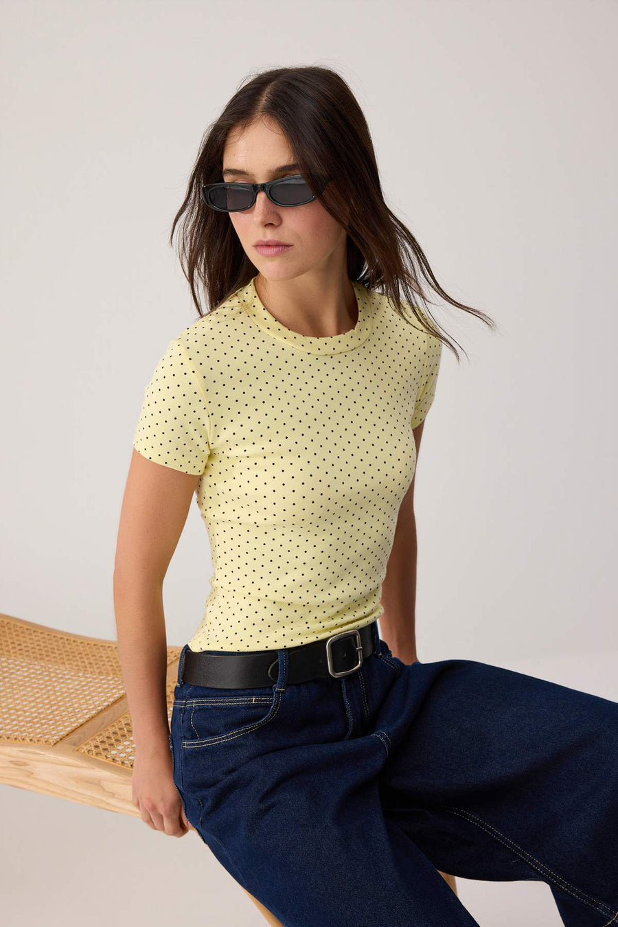 Pink polka dot fitted crew neck short soft knit t-shirt