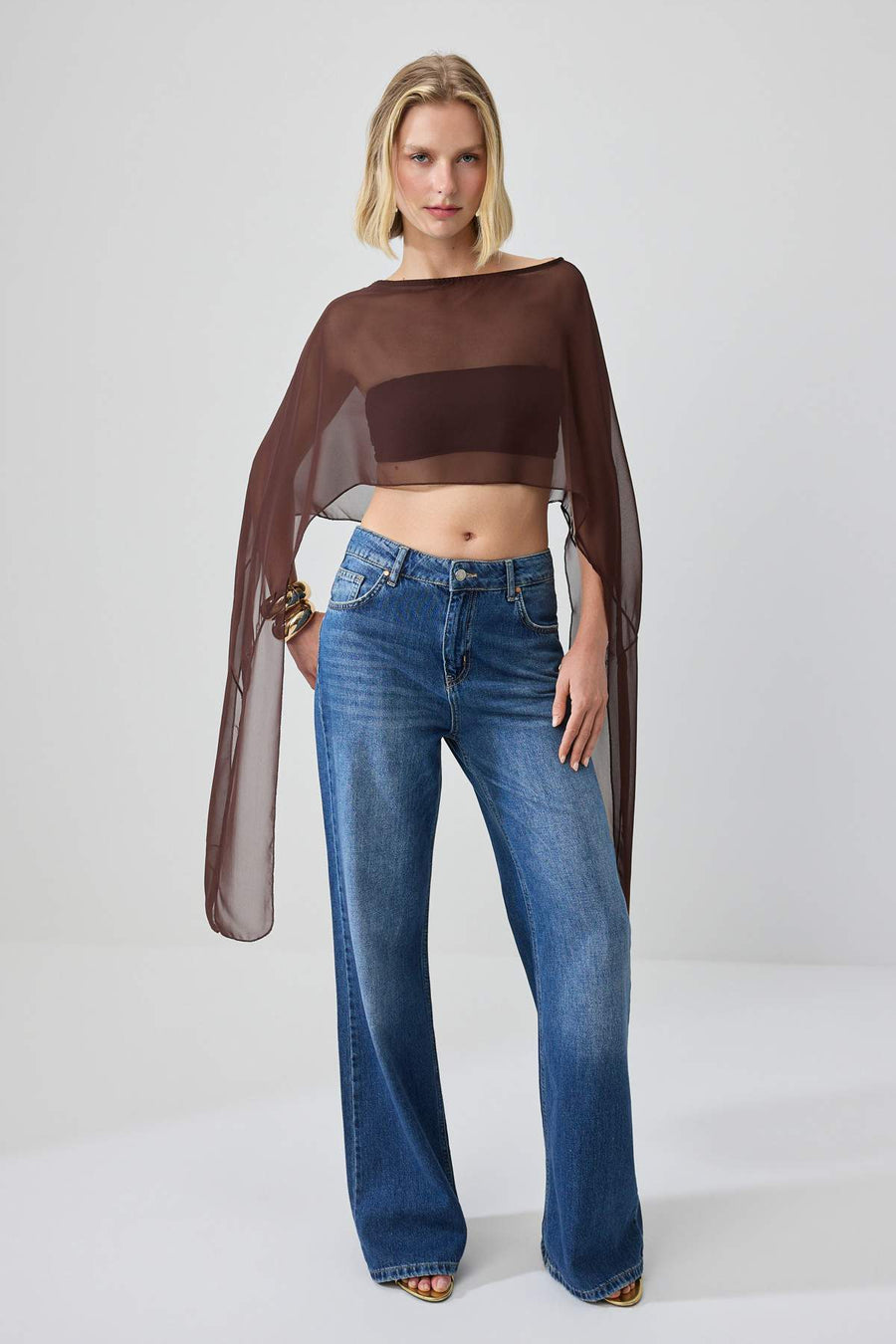 Brown Asymmetric Cut Unlined Chiffon Cape Party Blouse