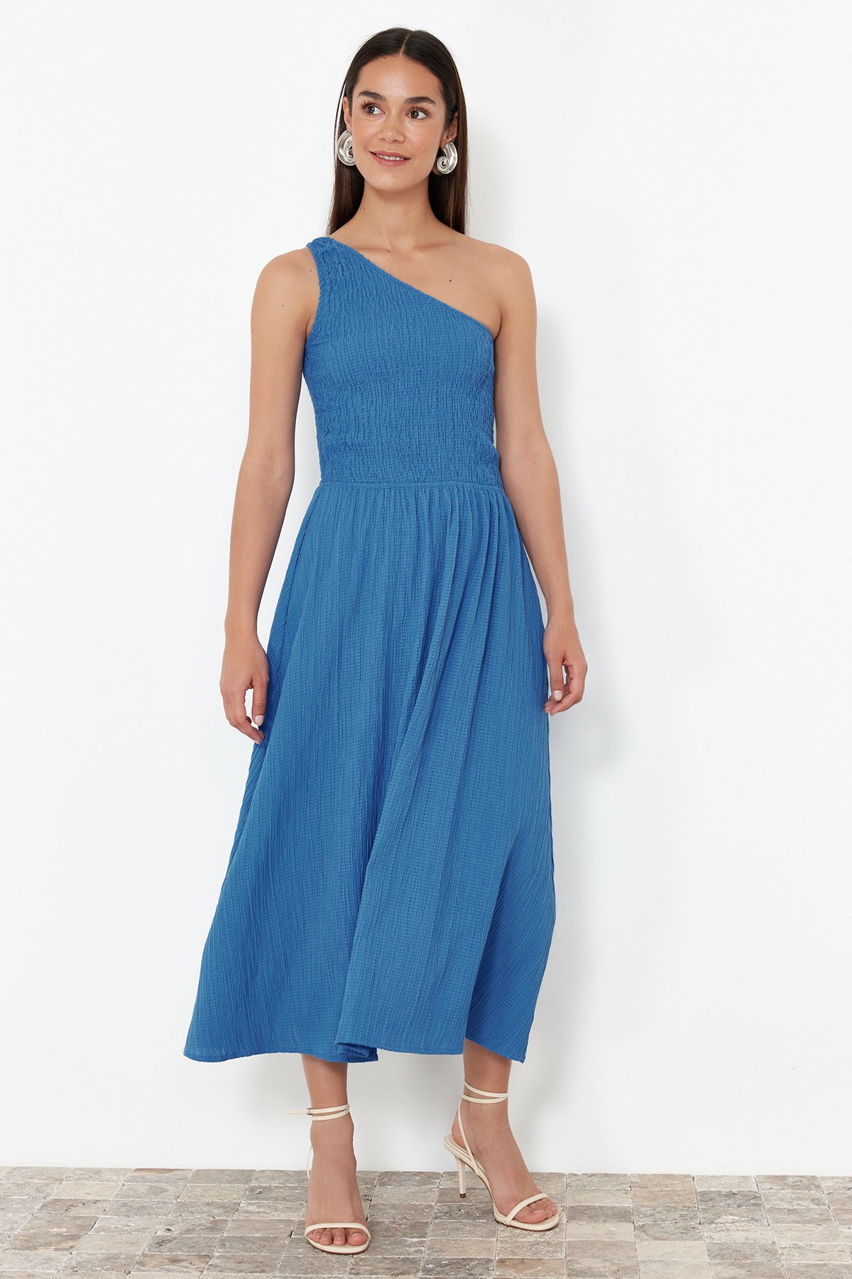 Sax Blue Boned Bodice One Shoulder Waist-Flared Midi Woven Dress