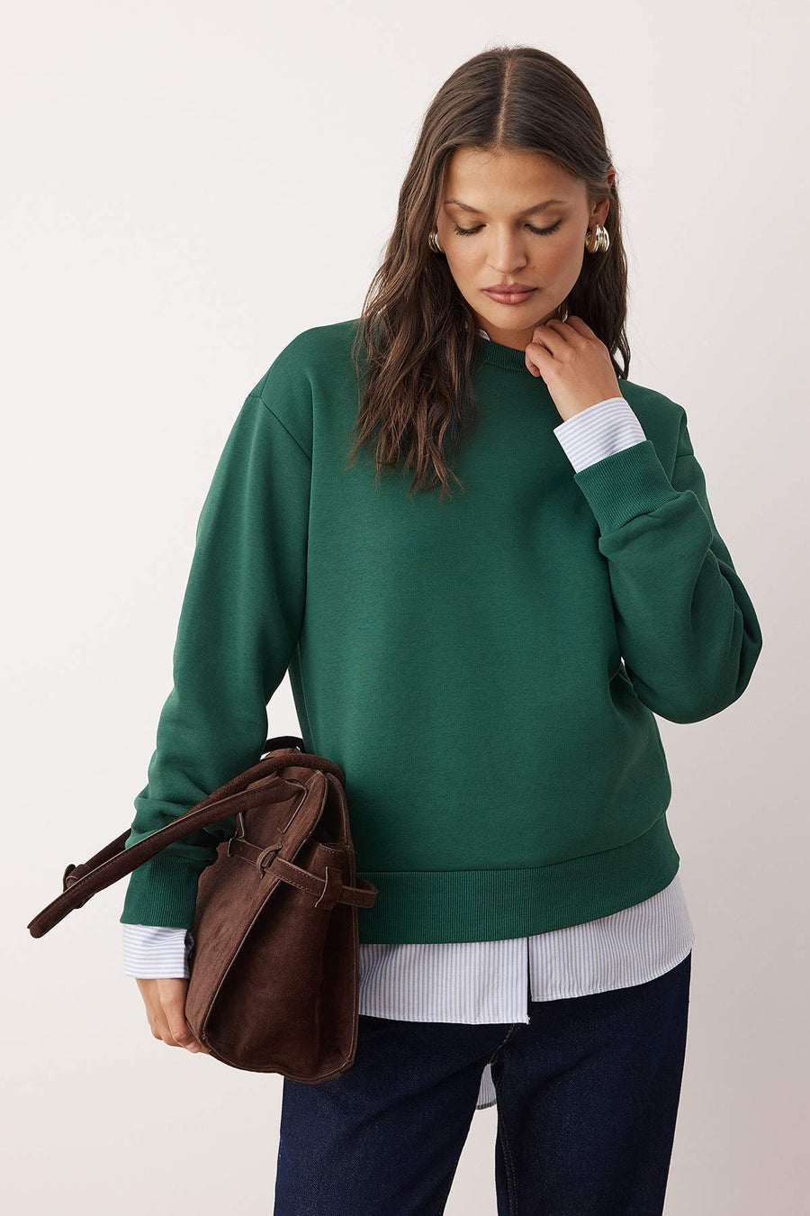 Emerald Green Thick Fleece-Lined Regular Fit Crew Neck Basic Knit Sweatshirt