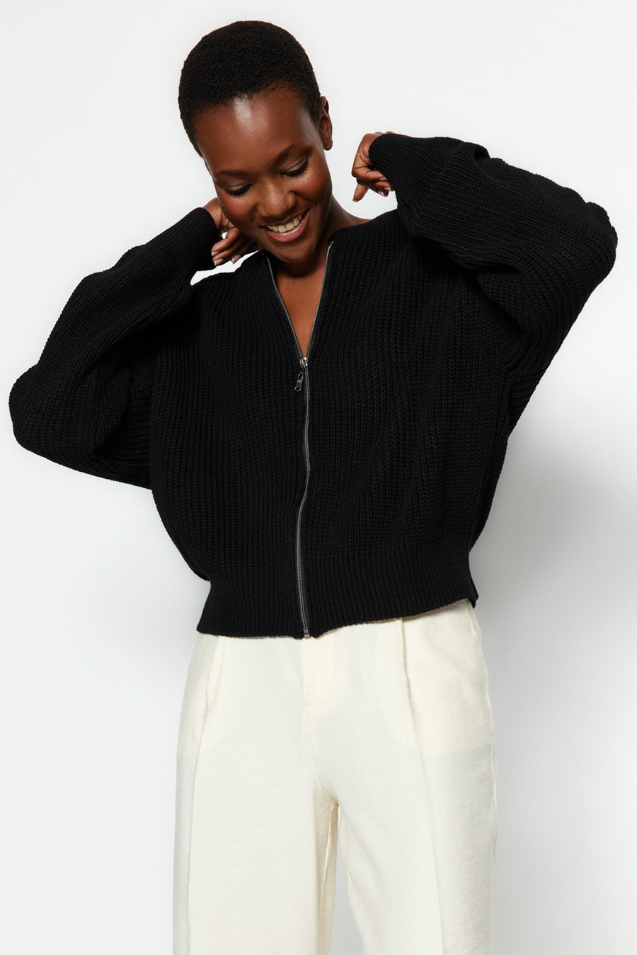 Black Relaxed Fit Bomber Collar Zipped Knit Cardigan