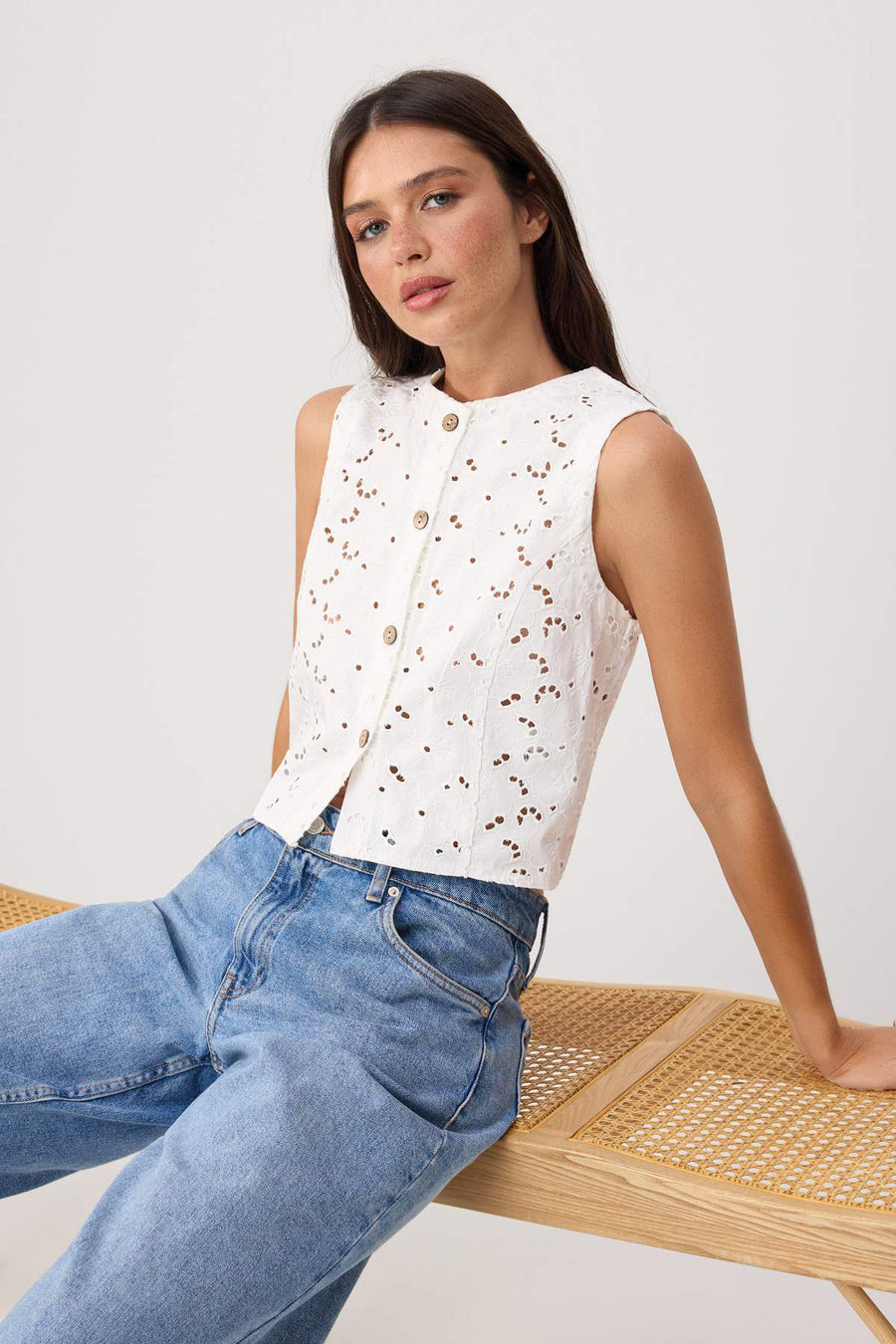 White Embroidered Waistcoat Woven Blouse