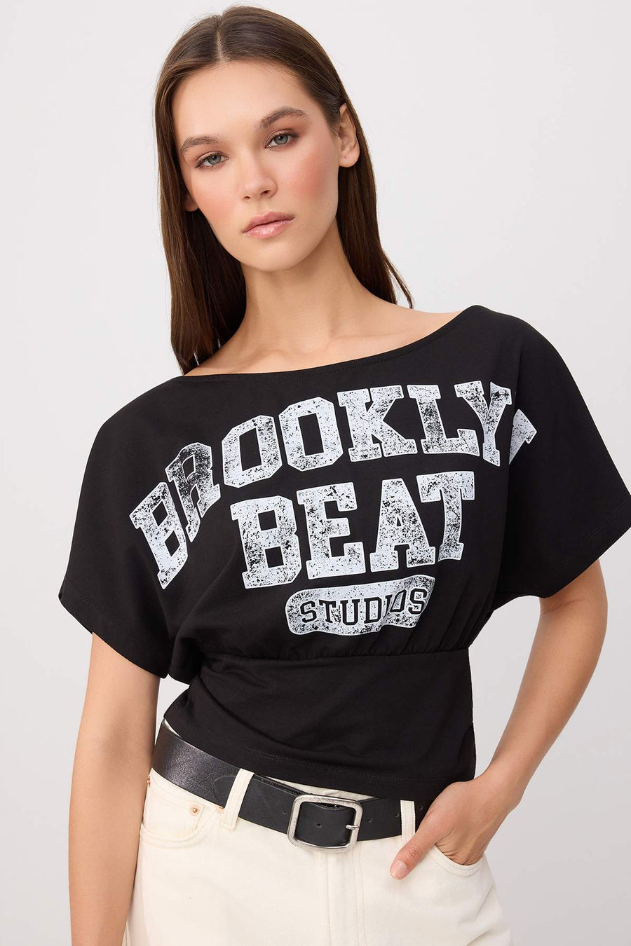 Black Slogan Print Fitted Asymmetric Stretch Knit T-Shirt