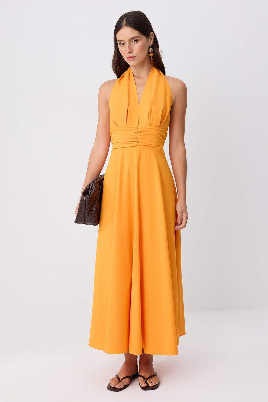 Orange Low-Cut Neck-Tie Poplin Lined Woven Dress