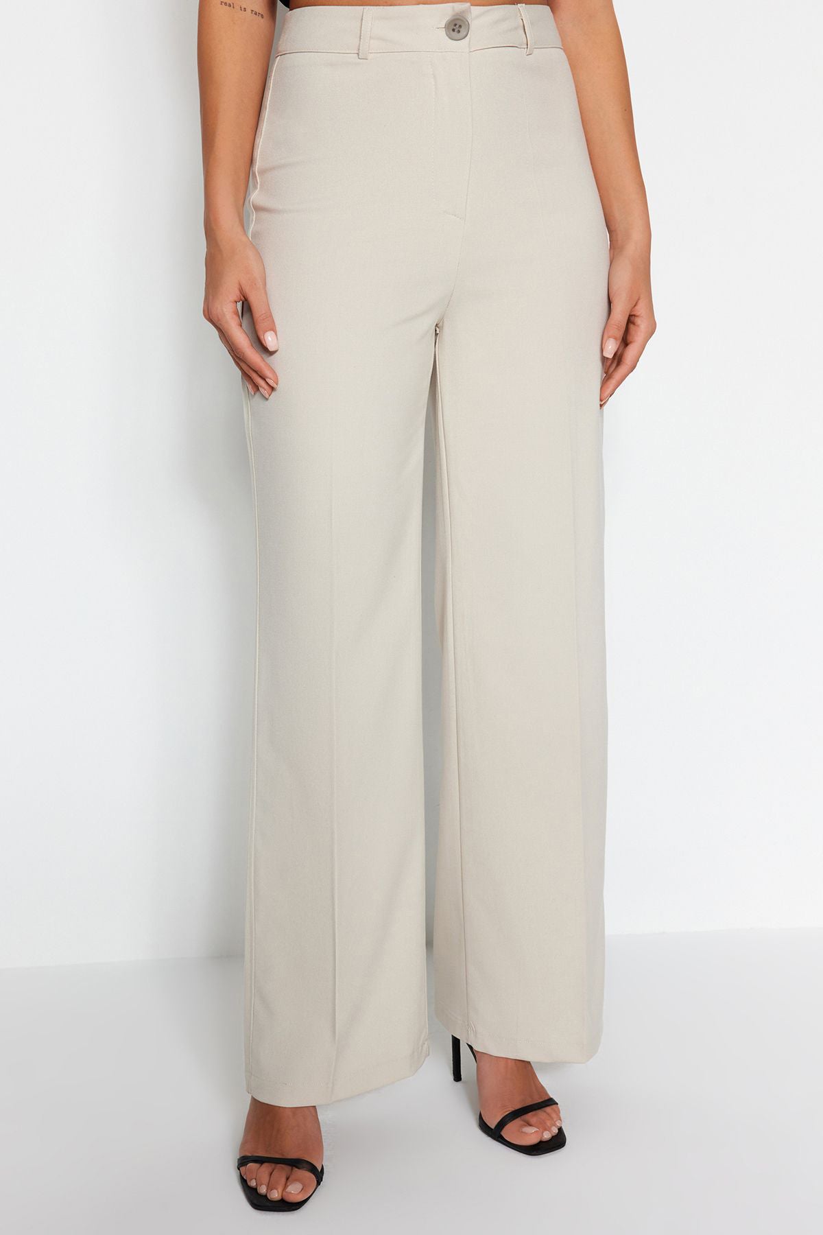 Beige Wide Leg High Waist Woven Fabric Trousers