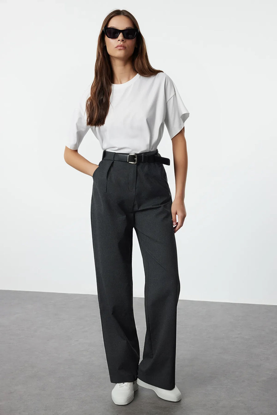 Charcoal Belted Straight Cut Woven Fabric Trousers
