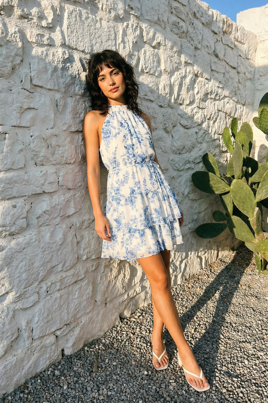 White Floral Pattern A-Cut Boho Layered Lined Chiffon Flowy Woven Mini Dress