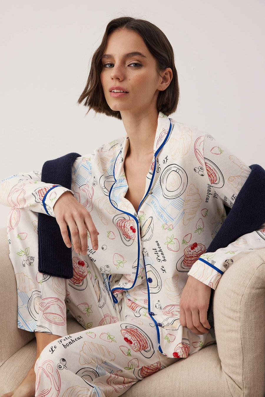 Ecru 100% Cotton Fun Print Piped Knit Pyjama Set