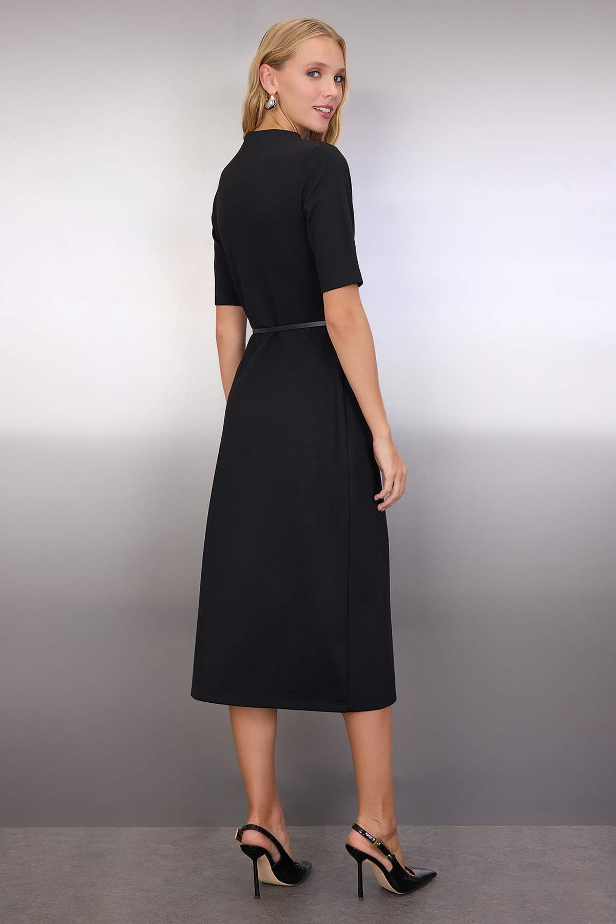 Black Midi Belted Three-Quarter Sleeve Knit Dress