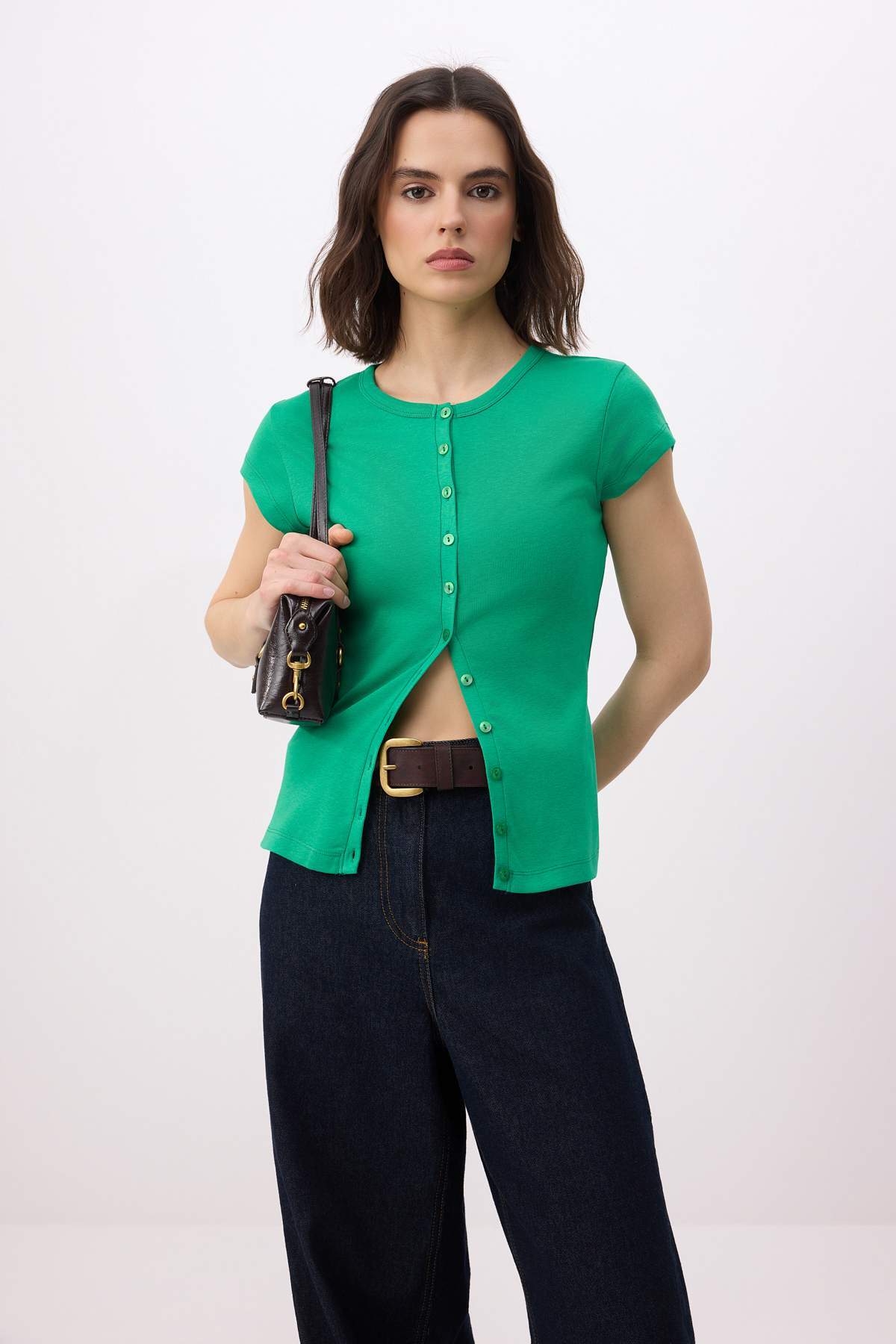 Green Buttoned Fitted Knit Blouse