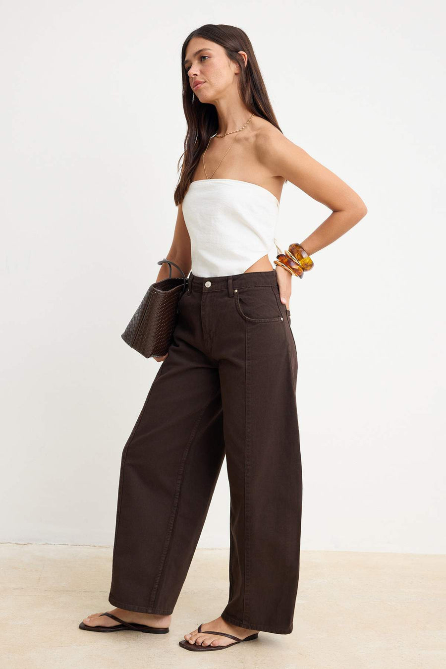 Brown Draped Stitch Detail High Waist Baggy Jeans