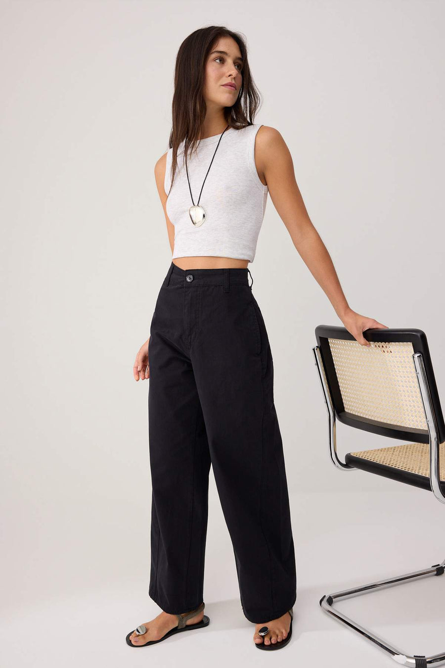 Black gabardine thick soft touch barrel trousers