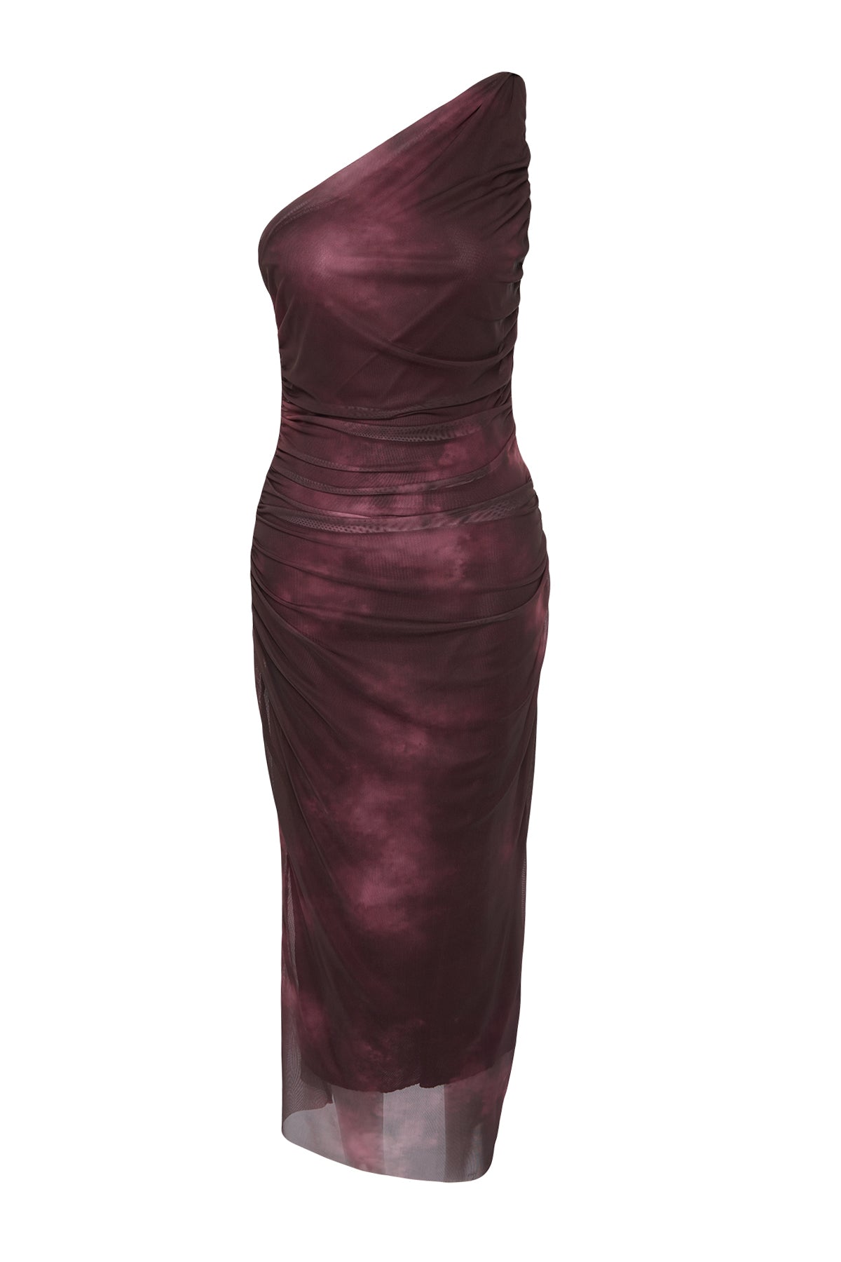 Burgundy One Shoulder Fitted Accessory Detailed Tulle Stretch Knit Midi Pencil Dress