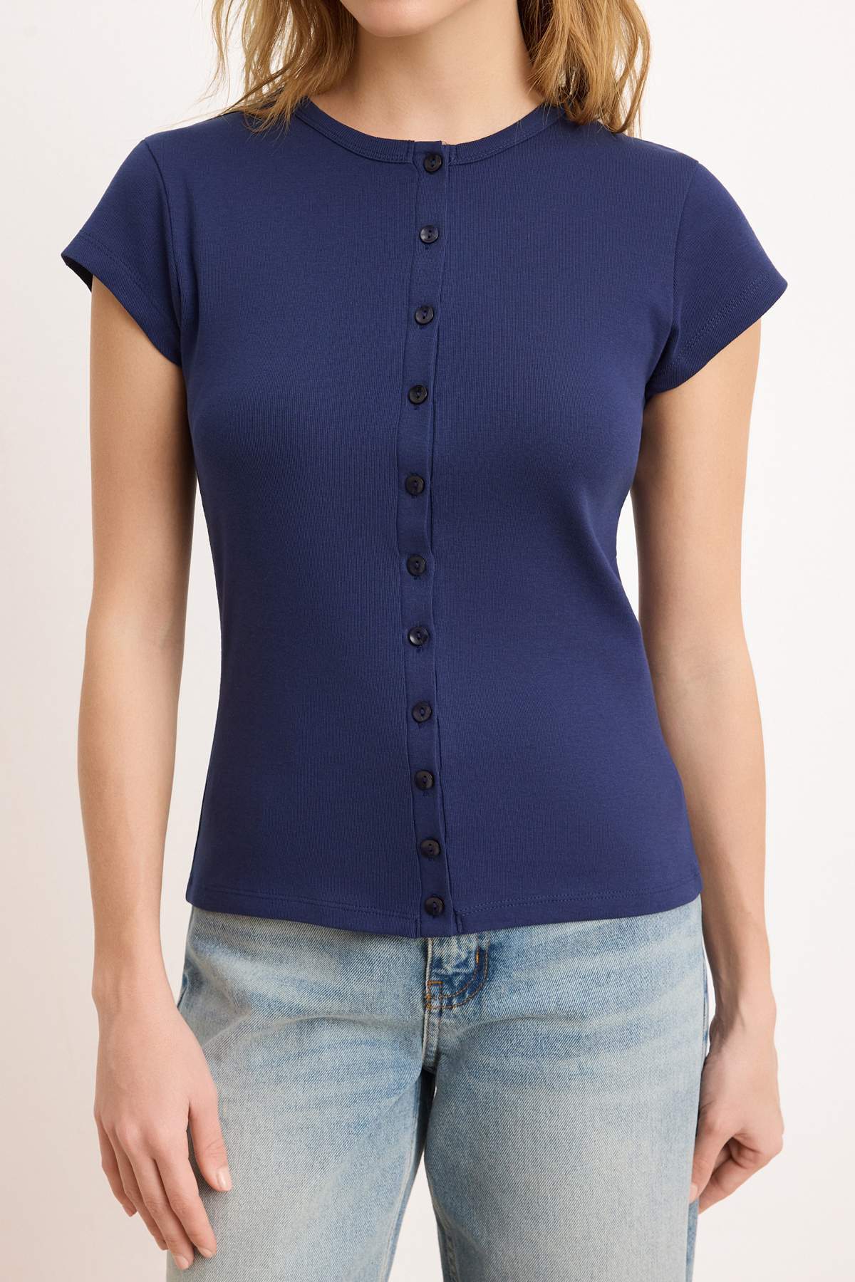Navy Buttoned Fitted Knit Blouse