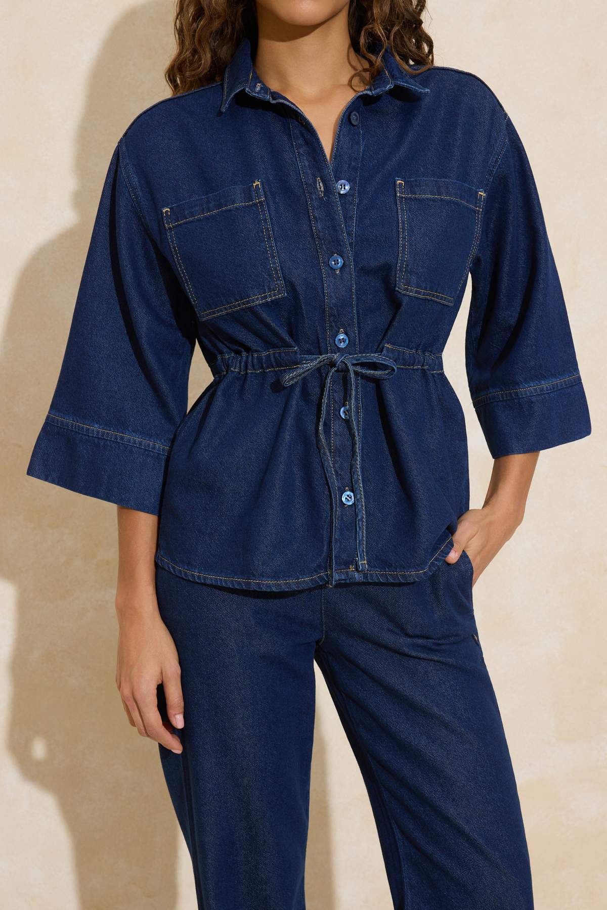Dark Blue Tie Waist Tencel Blend Denim Shirt