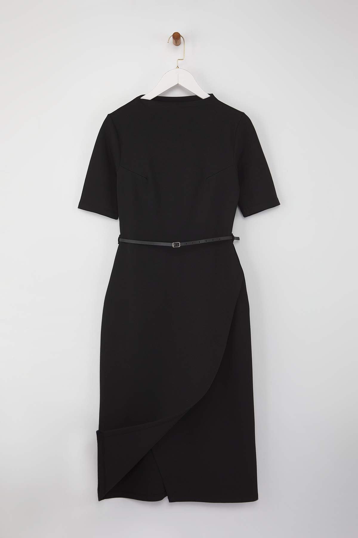 Black Midi Belted Three-Quarter Sleeve Knit Dress