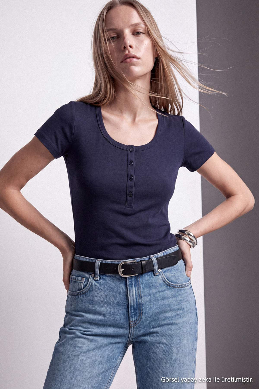 Navy Buttoned Crew Neck Fitted Knit T-Shirt