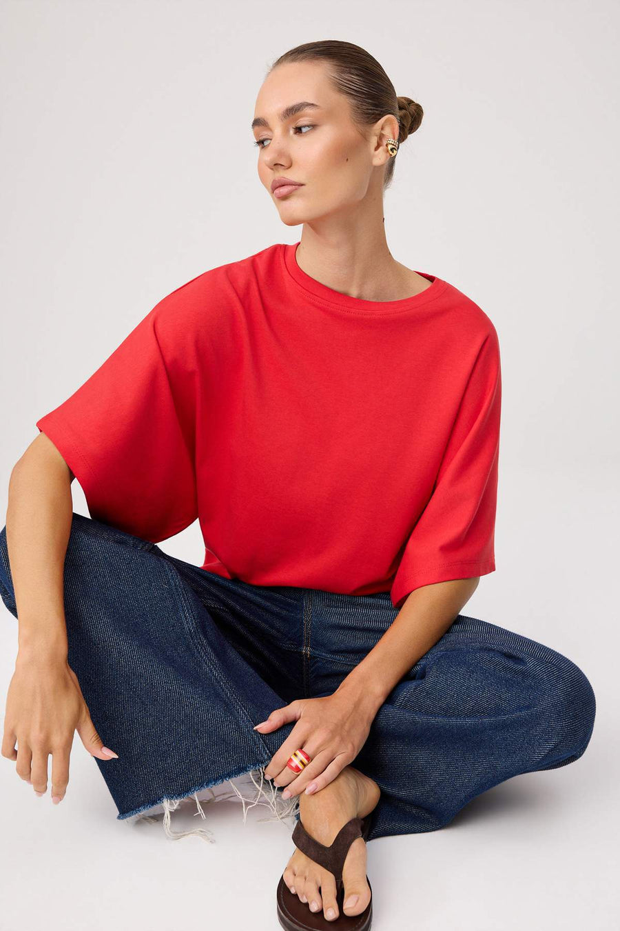 Red oversized relaxed fit drop shoulder short sleeve soft touch knit t-shirt