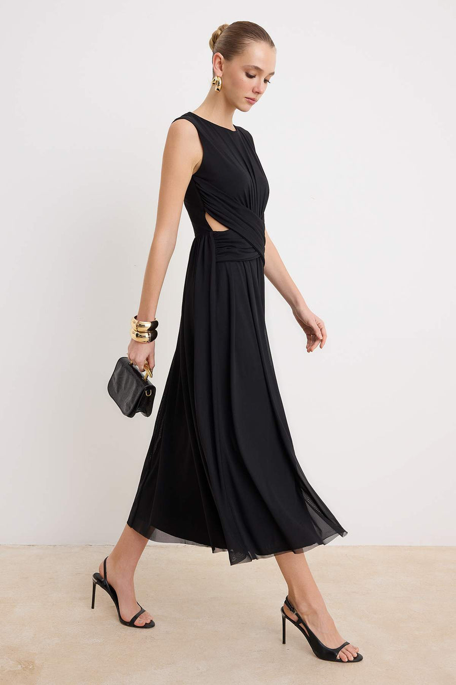 Black Floral Hem Waist-Flared Cut-Out Knit Tulle Maxi Lined Chic/Evening Dress