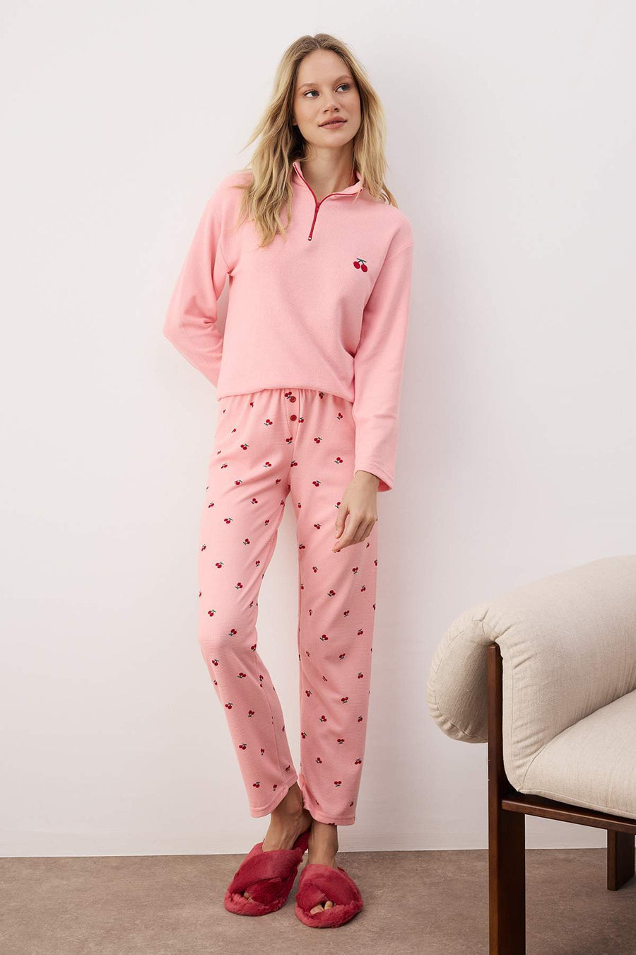 Pink Cherry Print Zipped Soft Waffle Knit Pyjama Set