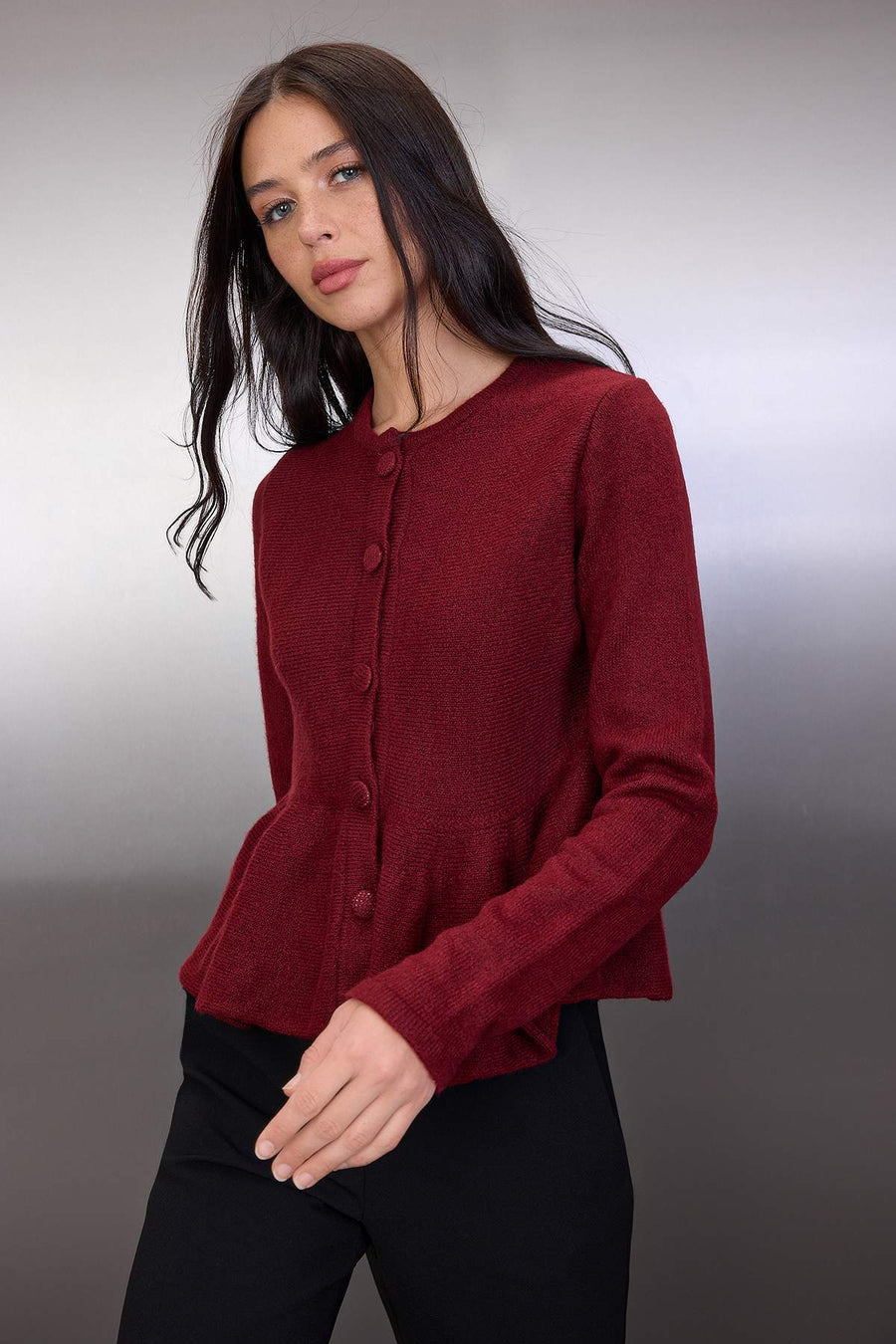 Burgundy Soft Textured Crew Neck Ruffled Hem Knit Cardigan