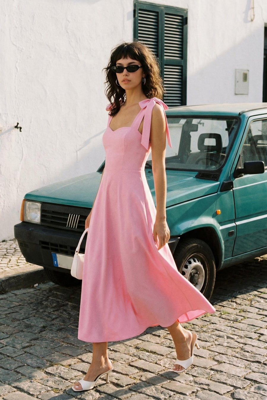 Pink A-Line Strap Tie Detail Woven Evening Graduation Dress