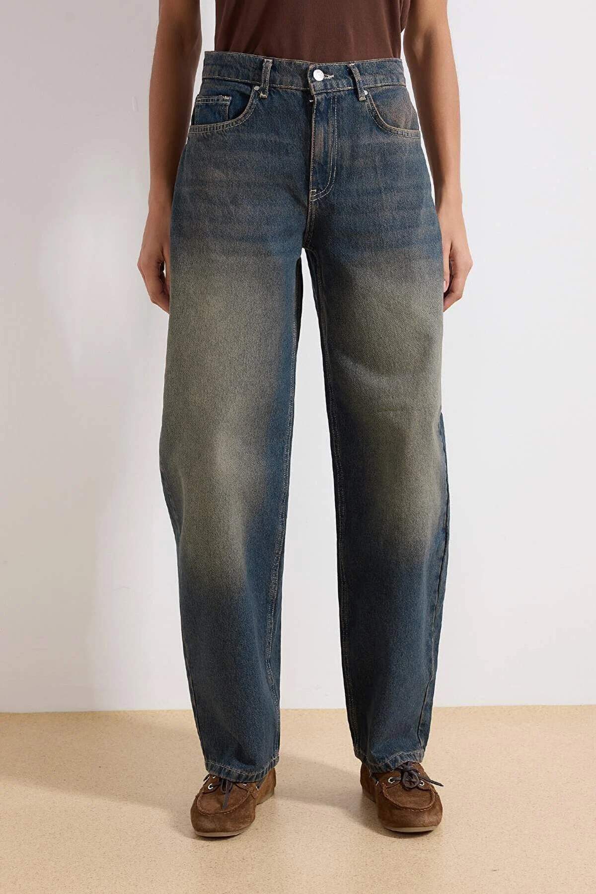 More Sustainable Dark Blue Normal Waist Loose Baggy 100% Cotton Non-Stretch Jeans