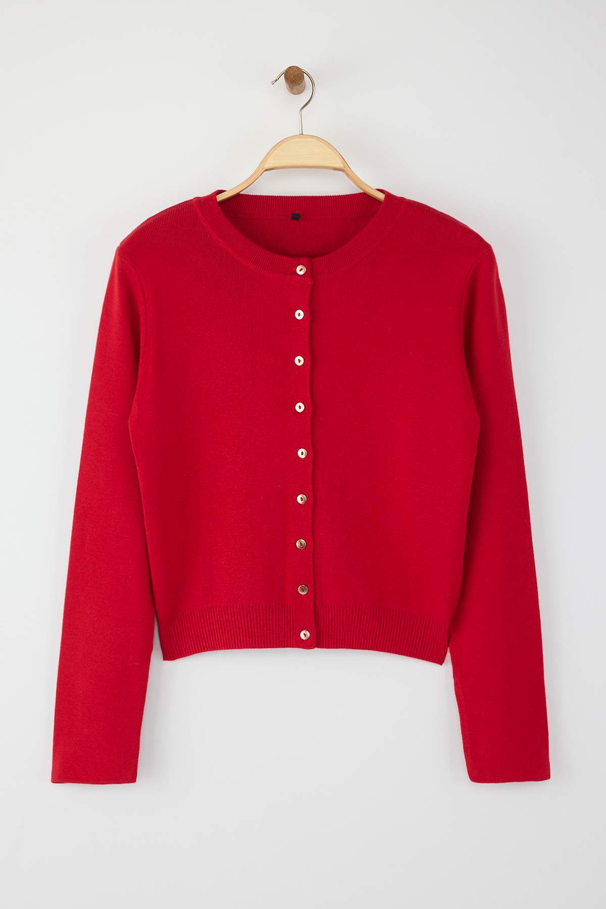 Wardrobe Essentials Red Buttoned Cotton Basic Knit Cardigan