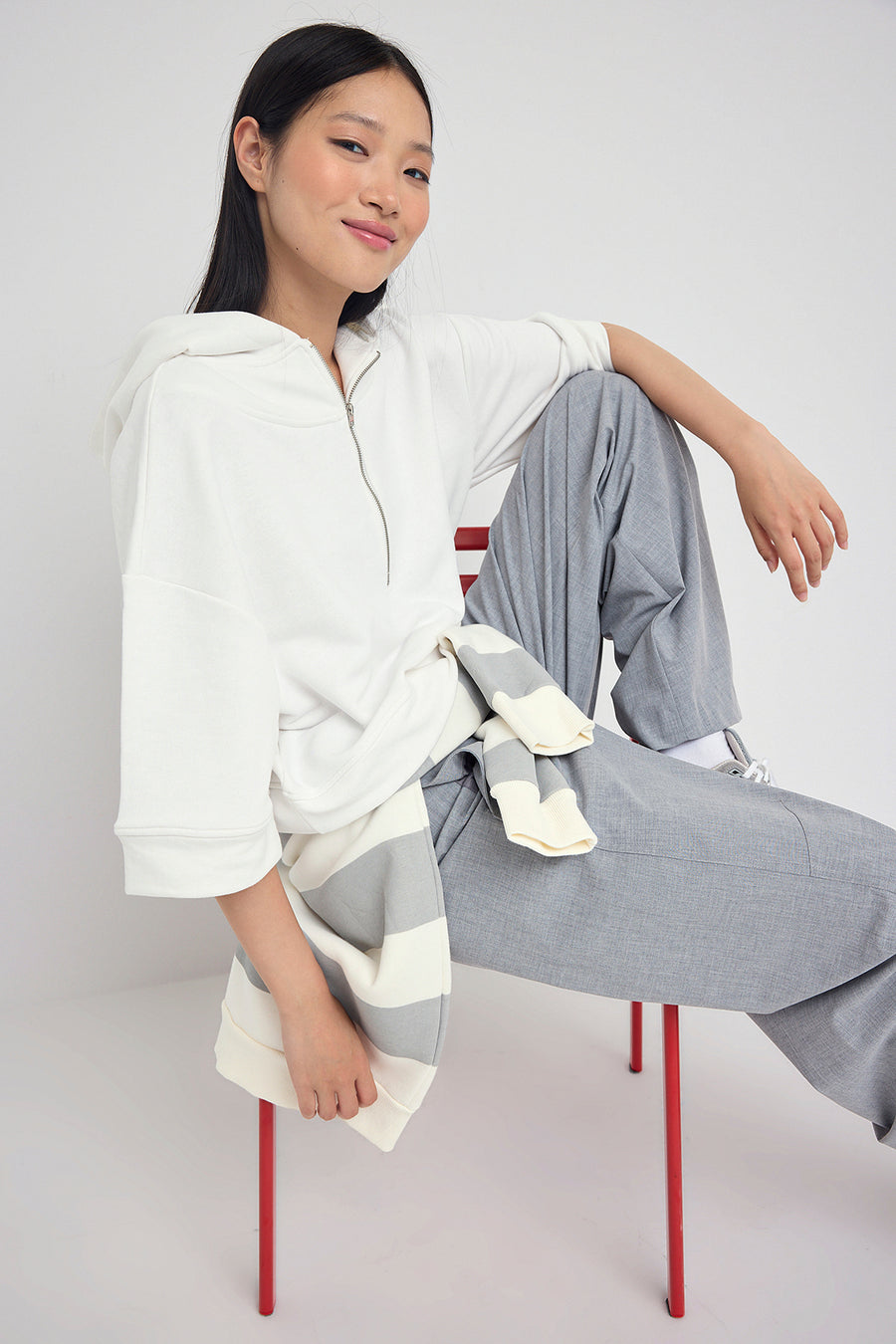 Ecru Hooded Zip Detail Three-Quarter Sleeve Thick Knit Sweatshirt