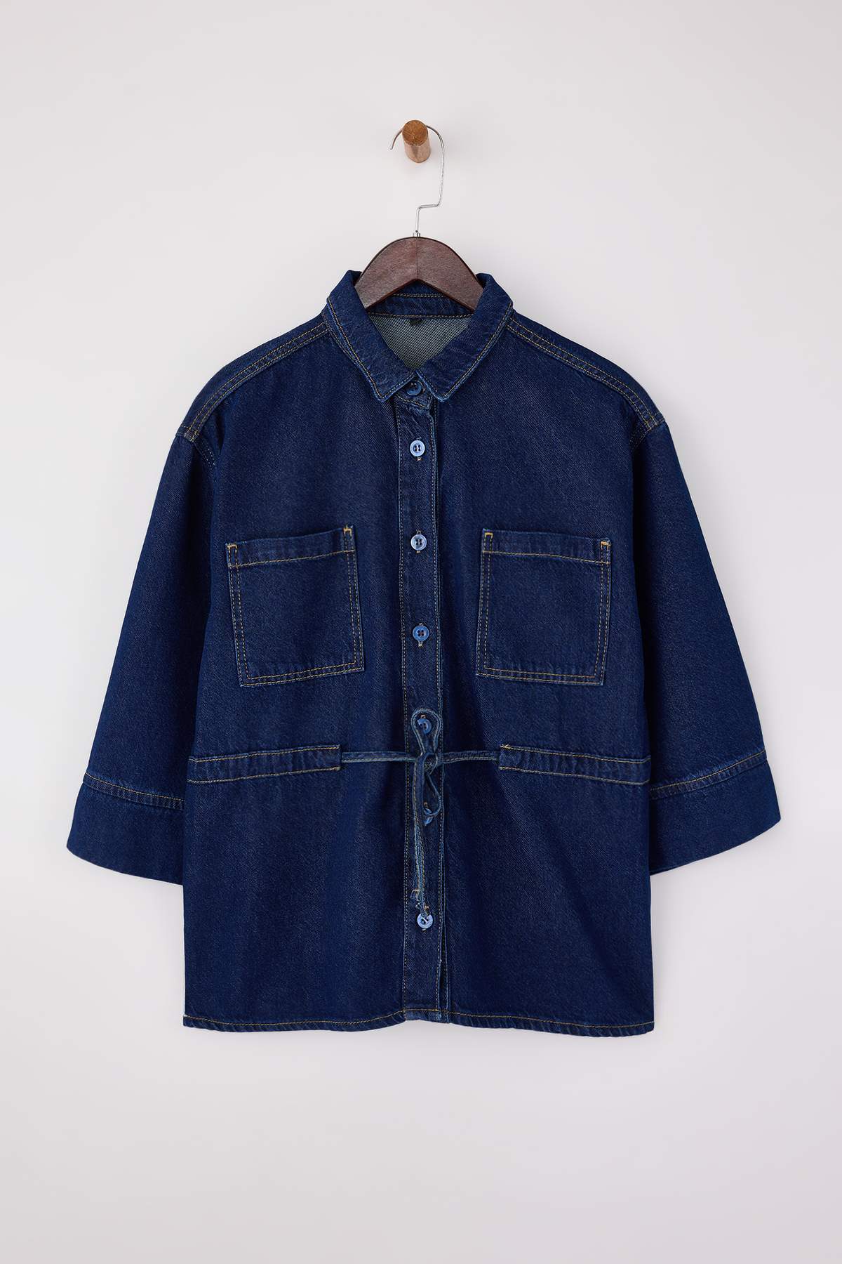 Dark Blue Tie Waist Tencel Blend Denim Shirt