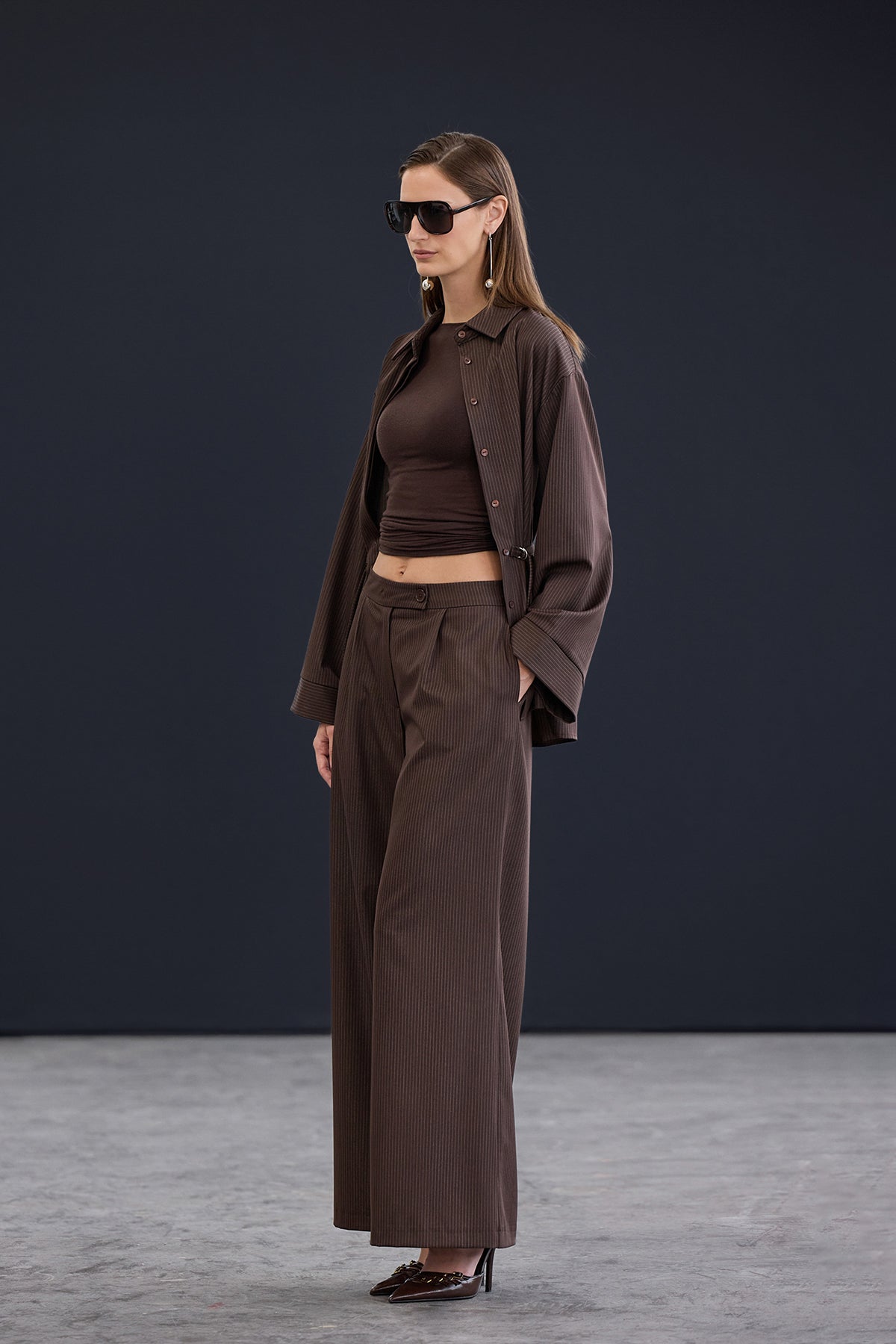 Brown Extra Wide Leg Striped Trousers