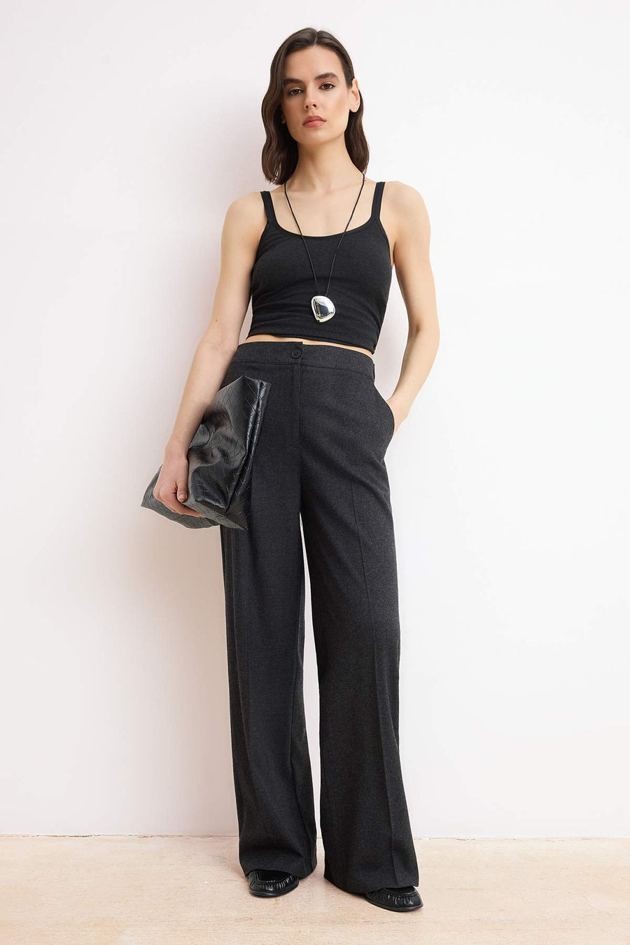 Black thick textured wide leg high waist trousers