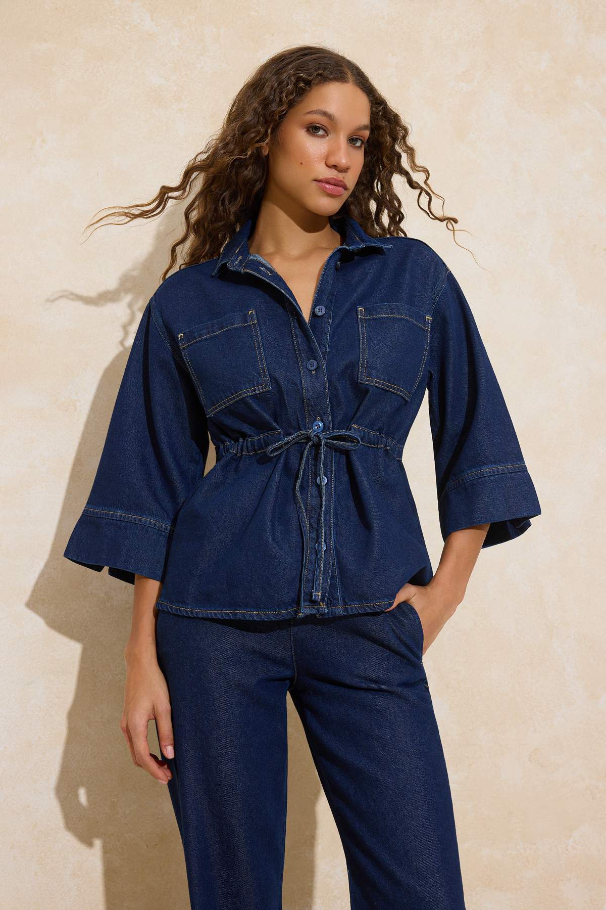 Dark Blue Tie Waist Tencel Blend Denim Shirt