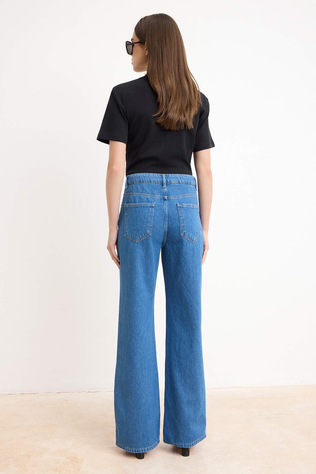 Blue Draped High Waist 100% Cotton Wide Leg Jeans