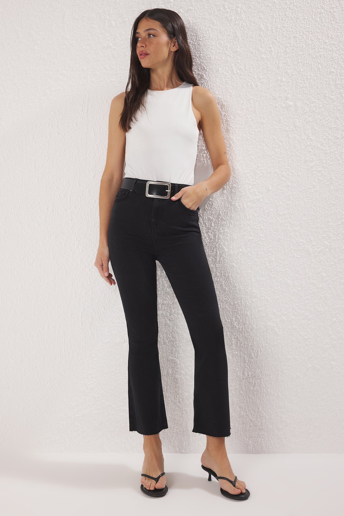 Charcoal High Waist Comfort/Stretch Cropped Flare Ankle Length Jeans