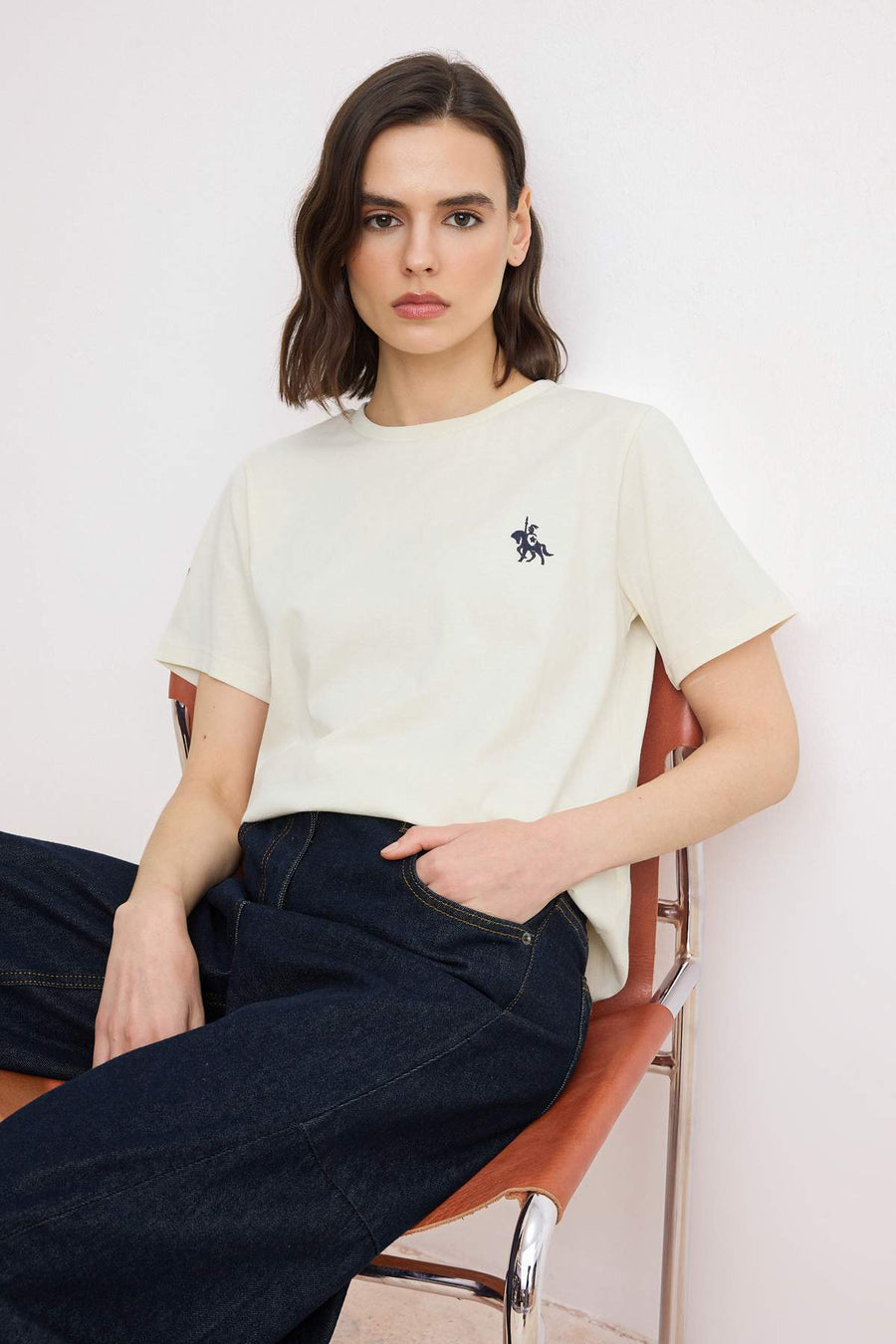 Ecru Oversized/Relaxed Fit Embroidered Short Sleeve 100% Cotton Knit T-Shirt