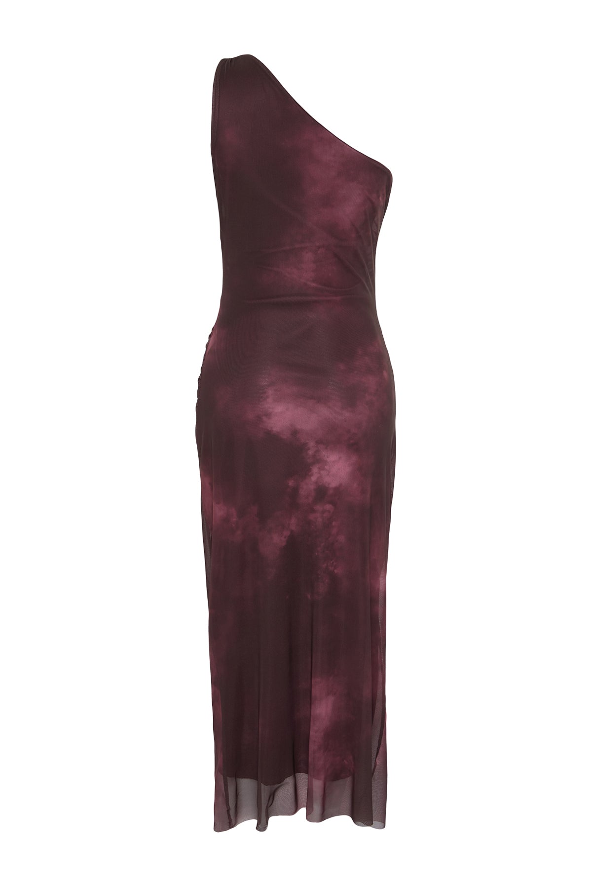 Burgundy One Shoulder Fitted Accessory Detailed Tulle Stretch Knit Midi Pencil Dress