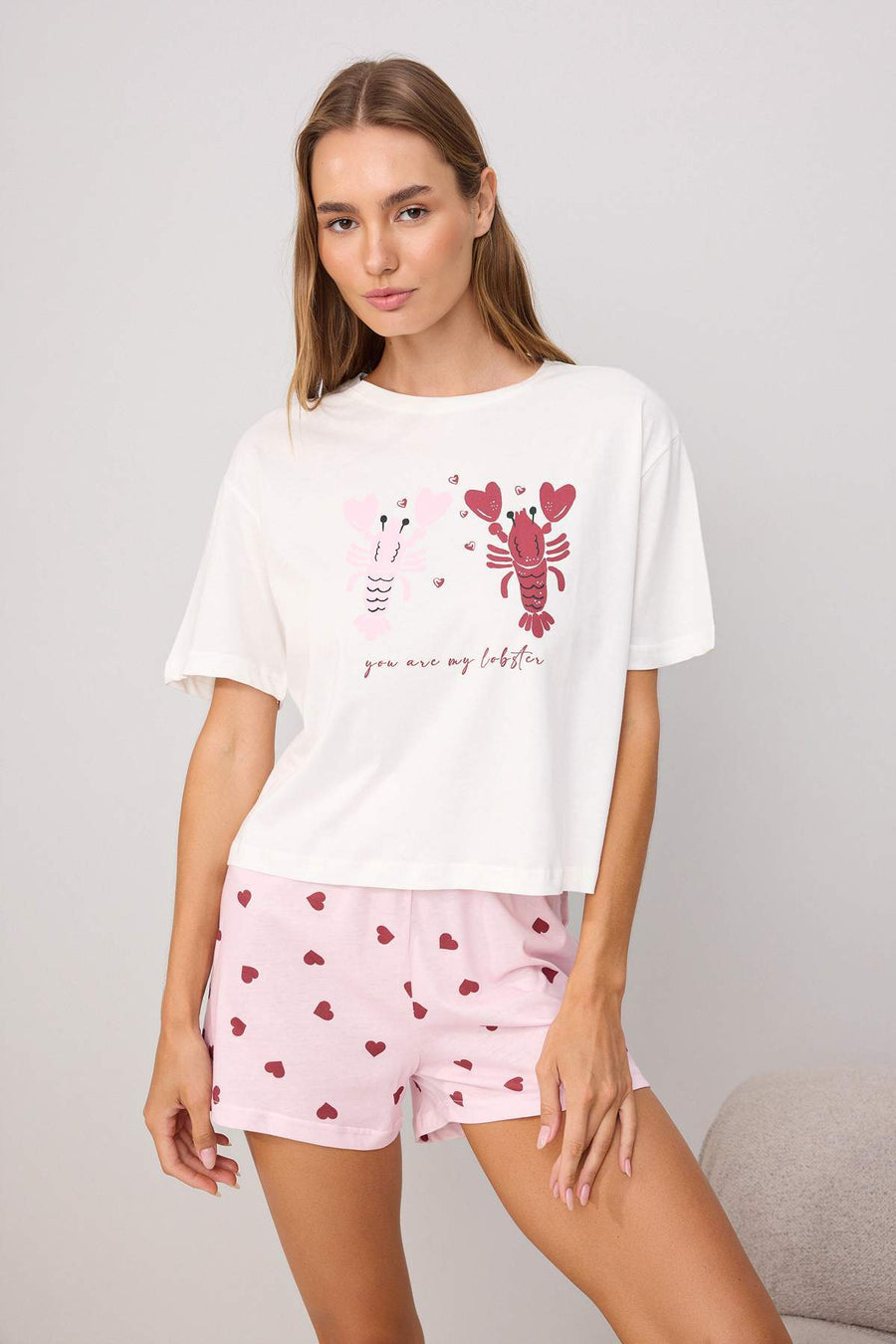 Teen White-Pink 100% Cotton Heart Print Knit Pyjama Set