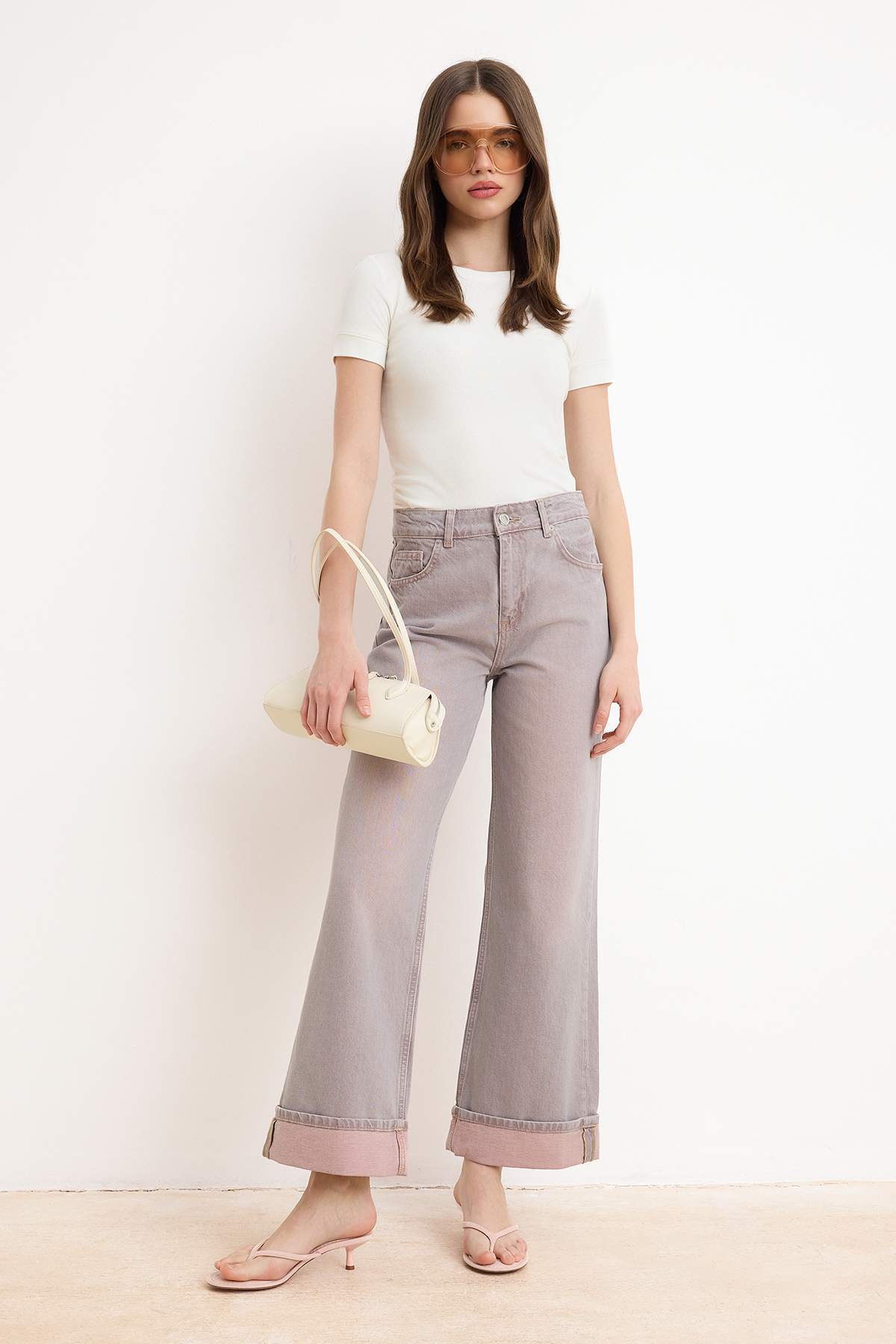 Pink Cuffed Leg Vintage Washed High Waist Wide Leg Jeans